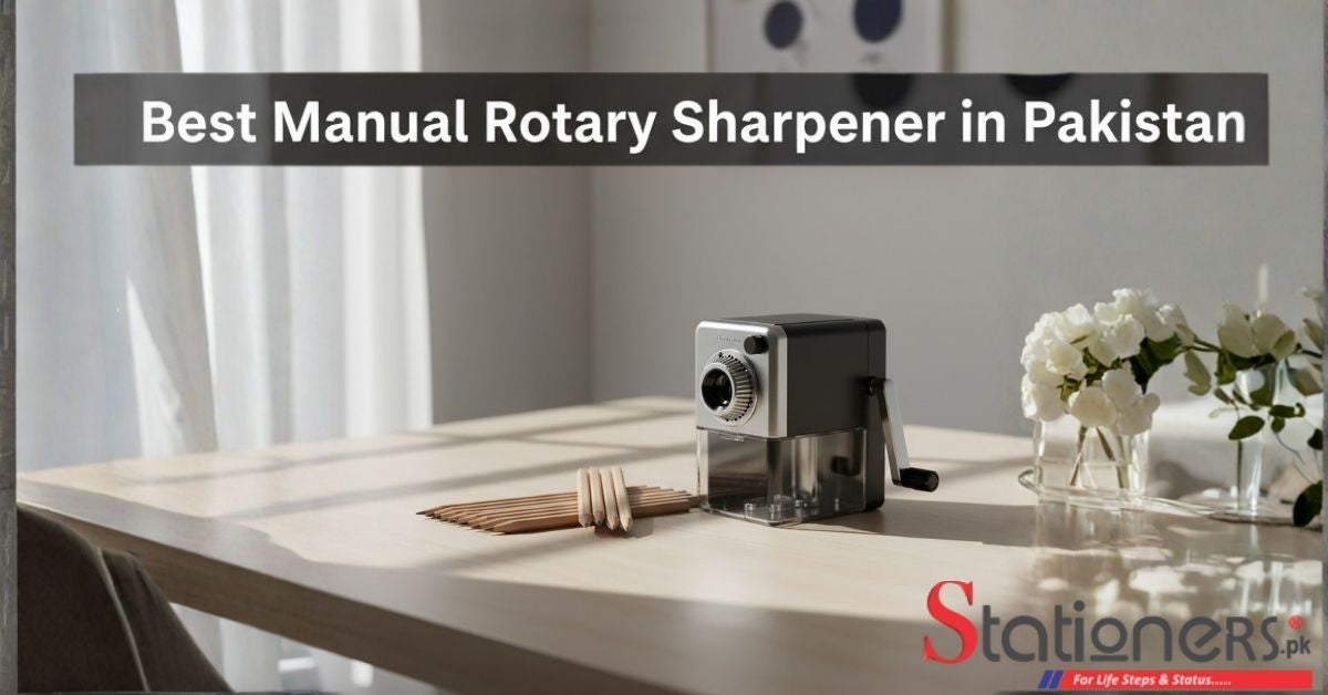Minimalist workspace showing pencils and a manual rotary pencil sharpener with soft shadows. Bold text overlay says: Best Manual Rotary Sharpener in Pakistan.