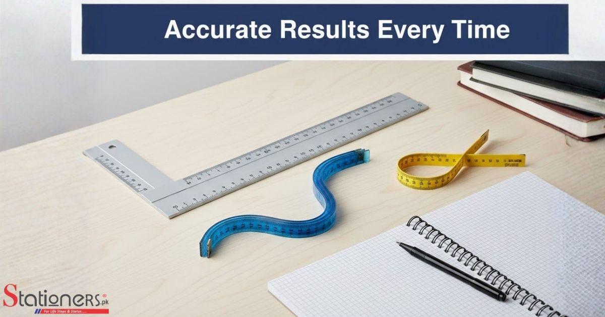 Landscape thumbnail of a neat study desk. A T-Square, The background is bright and modern. A text overlay across the image reads: "Accurate Results Every Time" 