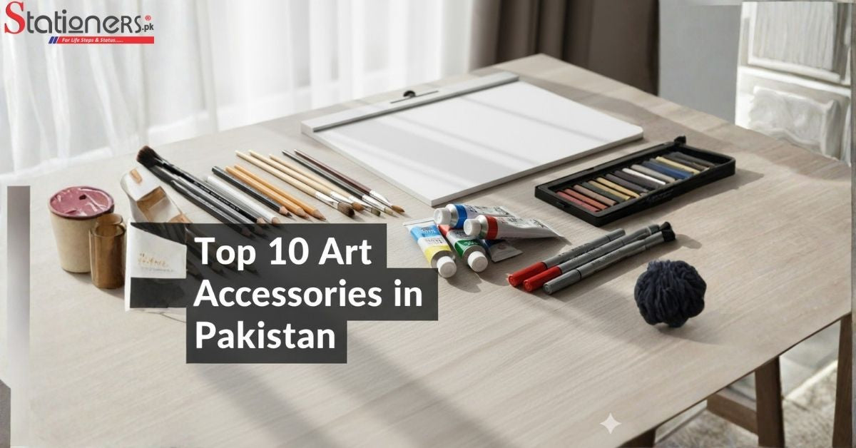 High-resolution landscape thumbnail of art supplies (pencils, brushes, paints, markers) on a bright workspace. Text: Top 10 Art Accessories in Pakistan.