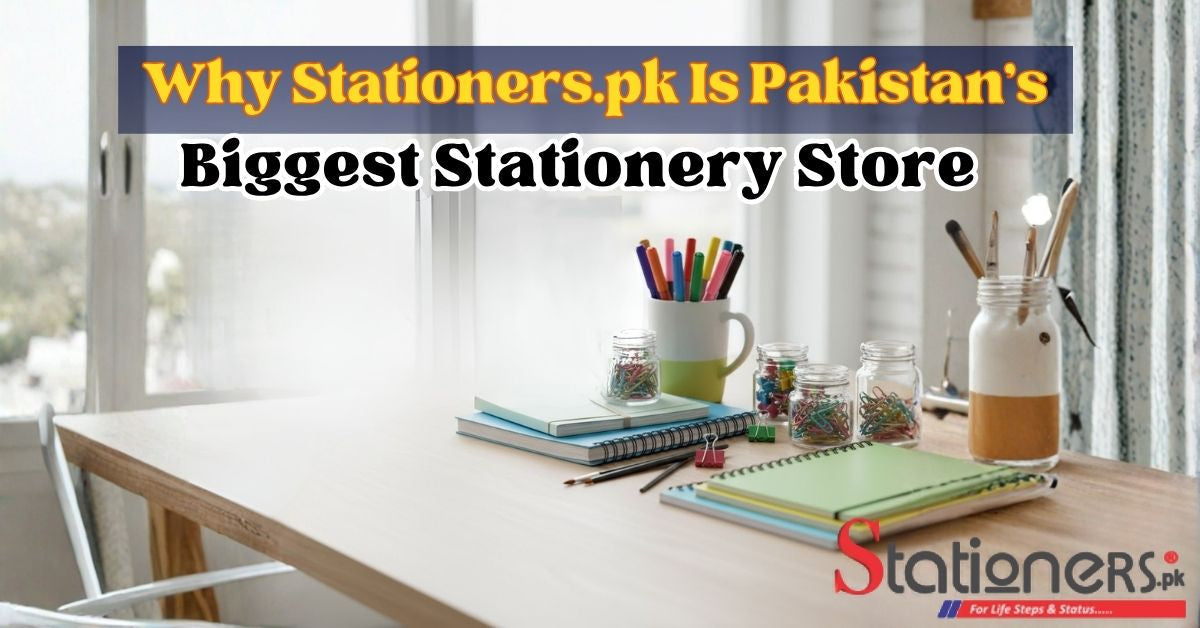 Modern office desk setup with colorful stationery items neatly arranged. Text overlay reads: Pakistan’s Biggest Stationery Store – Stationers.pk.
