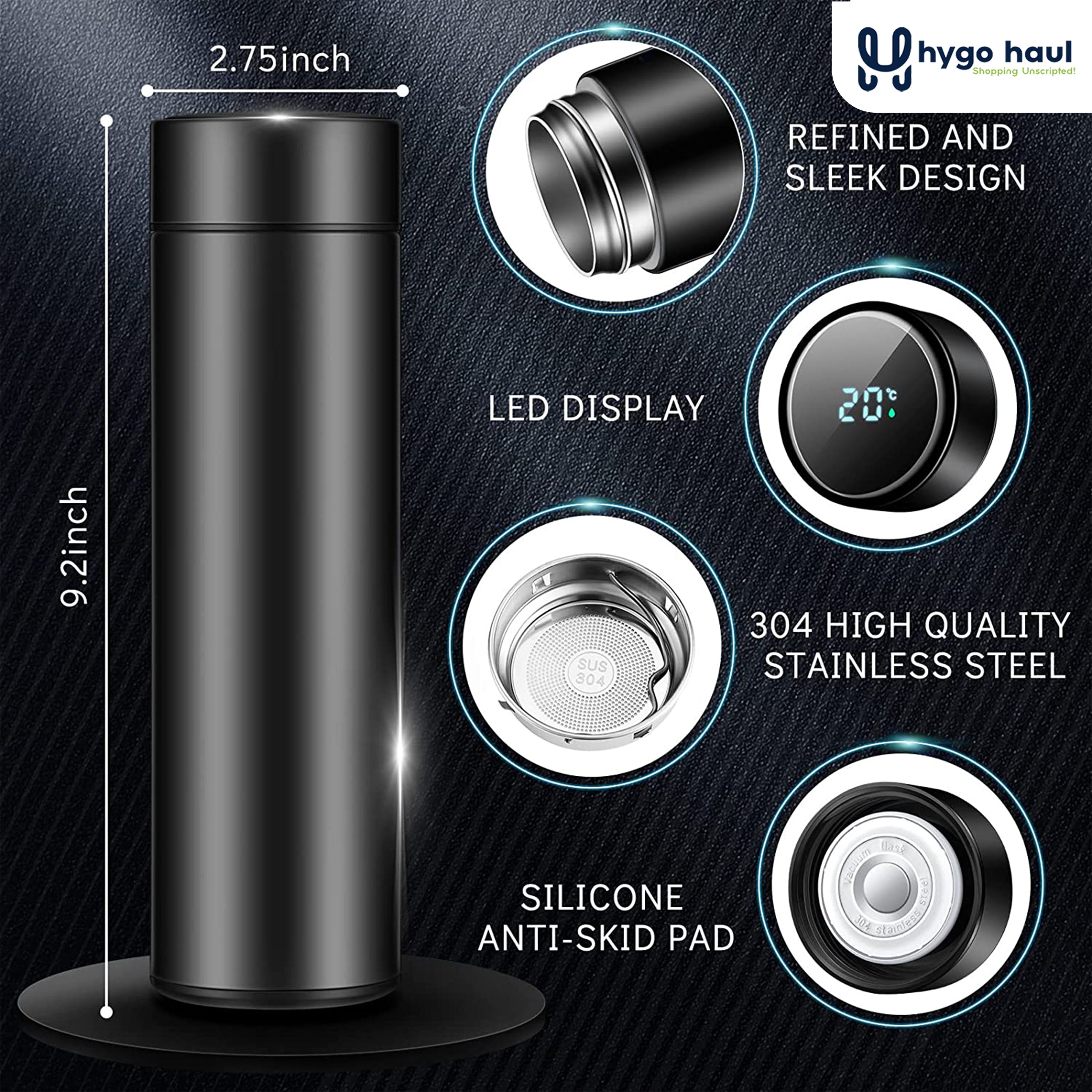 Water Bottle Stainless Steel 500ml LED Temperature Display - Multicolour