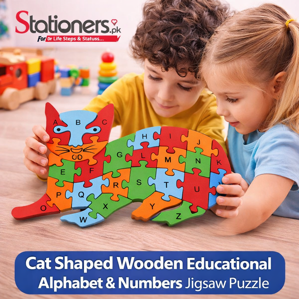 Cat Shaped Wooden Educational Alphabet & Numbers Jigsaw Puzzle