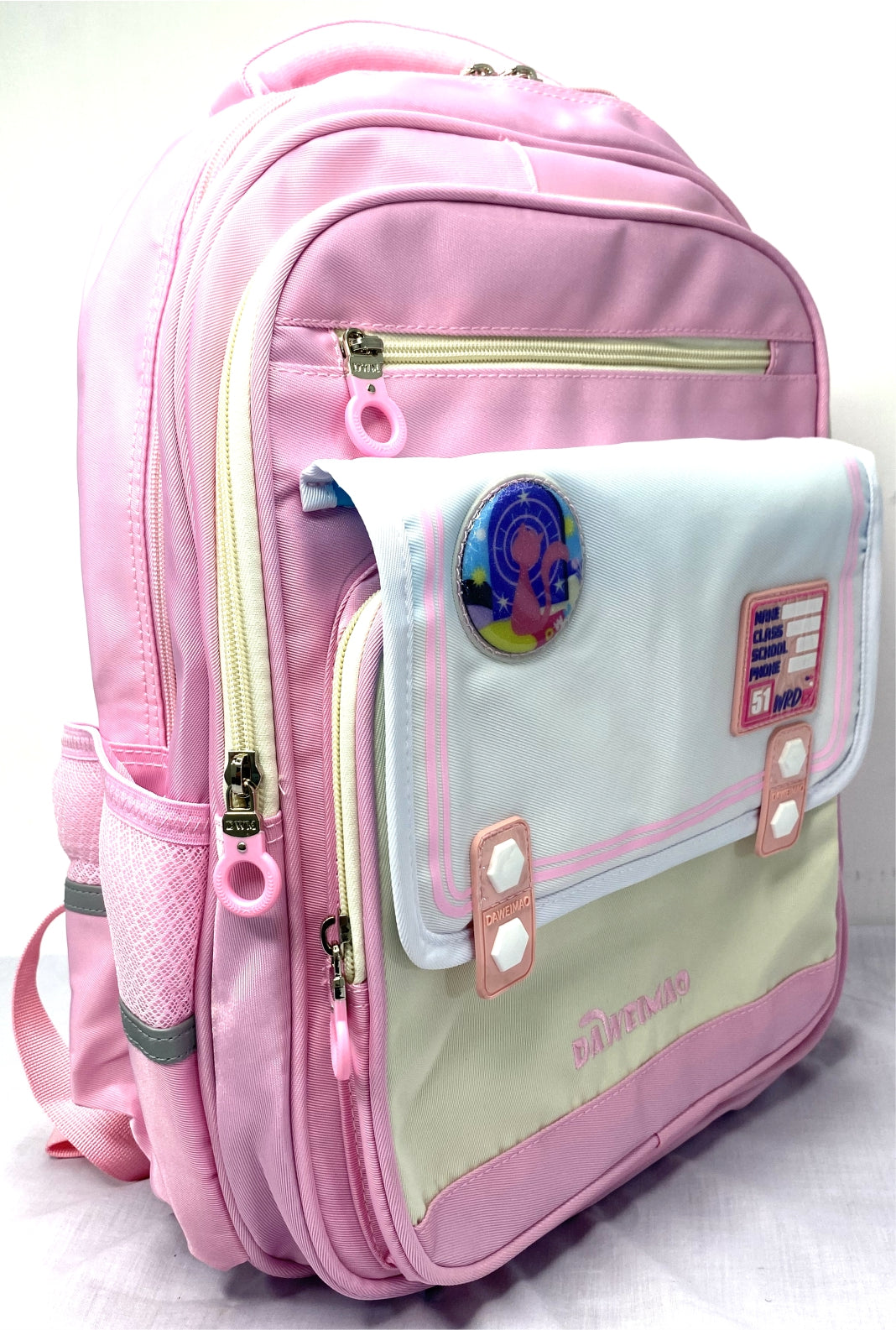 Cute Pink and White School Backpack with Cartoon Badge - Durable and Stylish