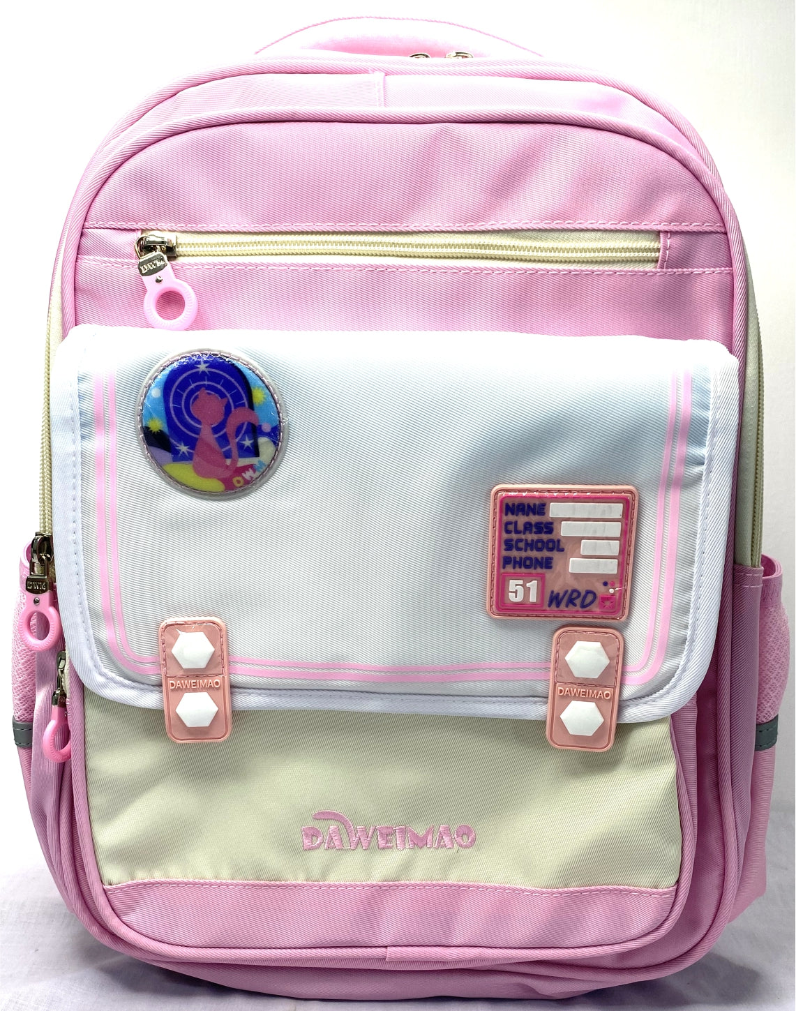 Cute Pink and White School Backpack with Cartoon Badge - Durable and Stylish