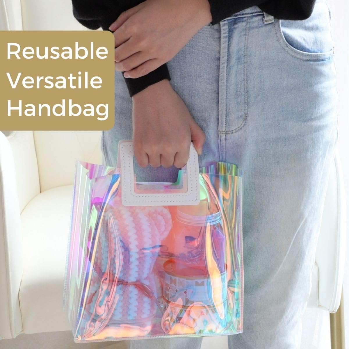 Shiny Transparent Gift Bag with Rexine Handle – Premium Holographic Clear Gift Packing Bag (17×15×7 cm / 19×17×8 cm) for Gifts, Cosmetics, Jewelry & Return Gifts