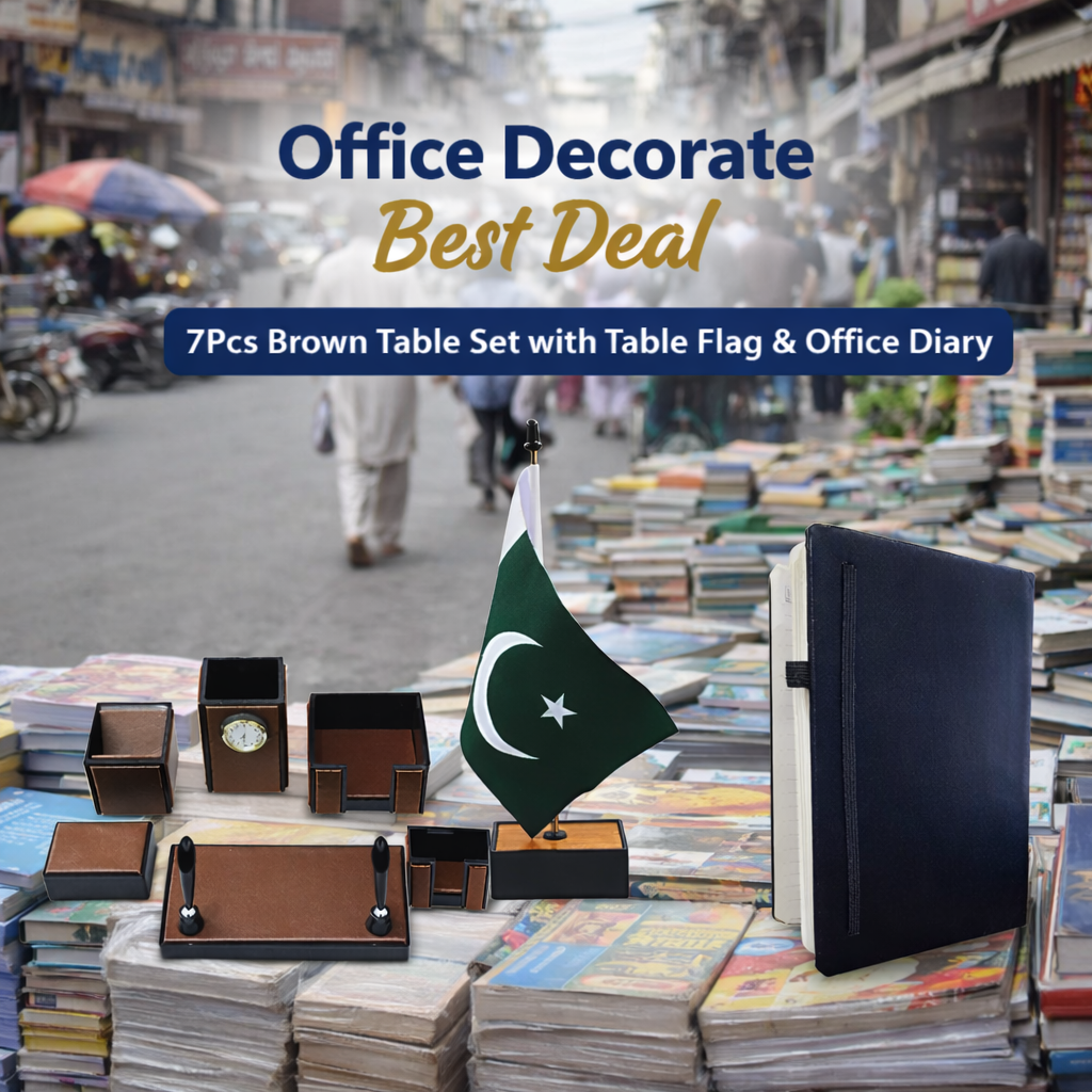 Office Decorate Best Deal – 7Pcs Brown Table Set with Table Flag & Office Diary