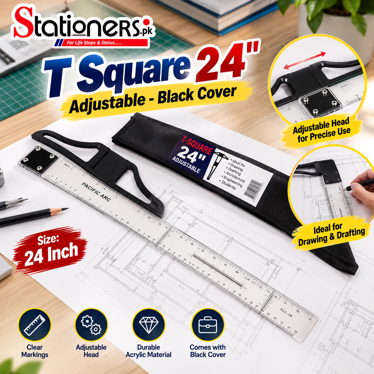 T-Square 24 Inch Adjustable – Pacific Arc Drawing & Drafting Ruler with Black Protective Cover