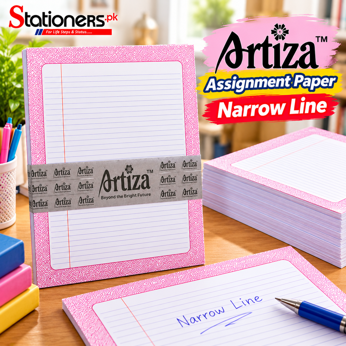 Artiza Assignment Paper Narrow Line – Pink Colour Border Writing Sheets