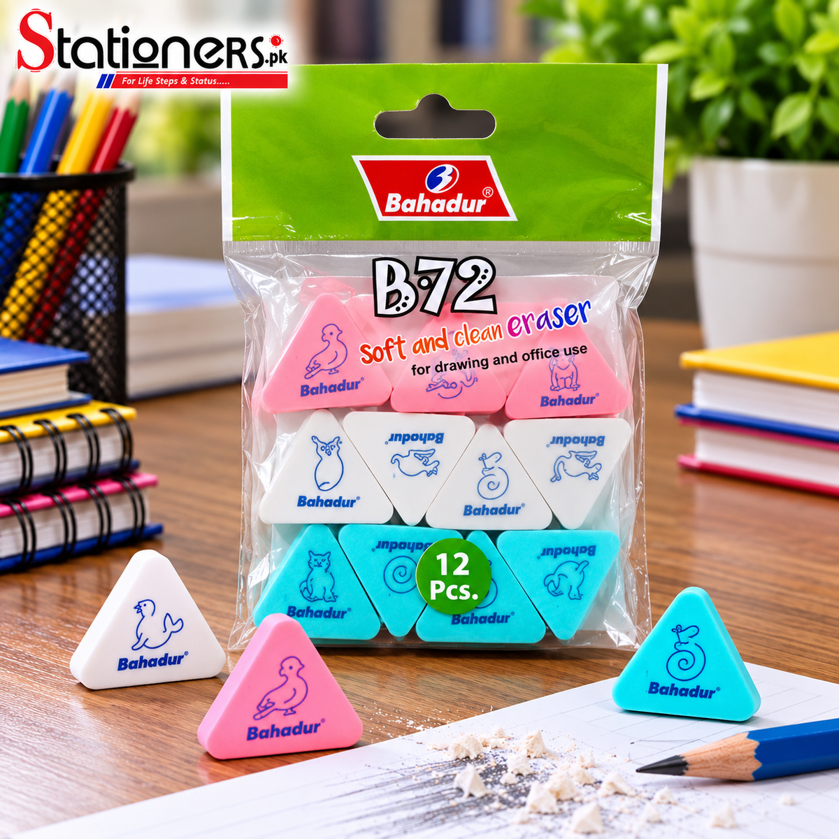 Bahadur B72 Triangle Eraser – Soft & Clean Pencil Eraser, 12 Pcs Pack / 72 Pcs Box