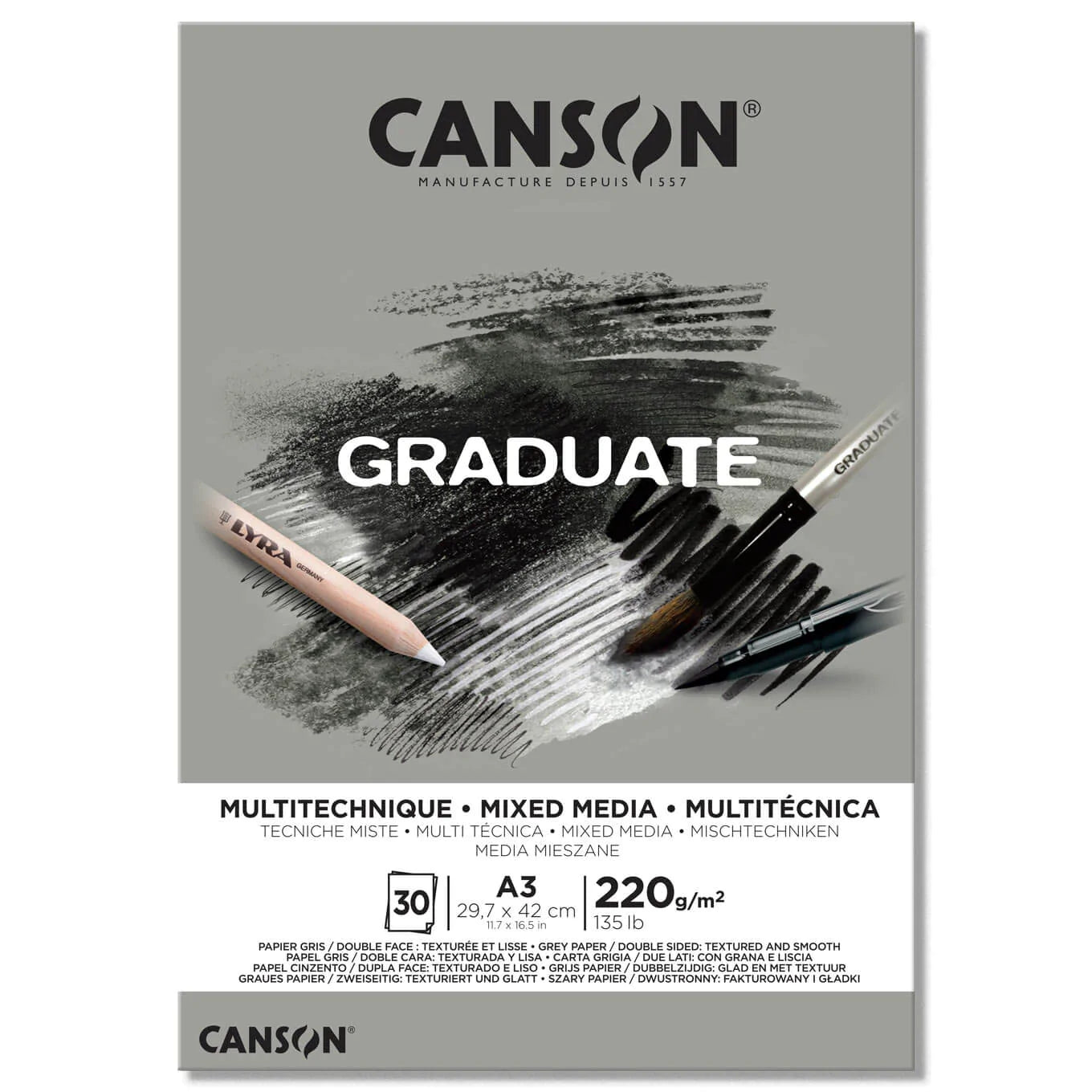 Canson Graduate Mixed Media Pad Grey 220 gsm.