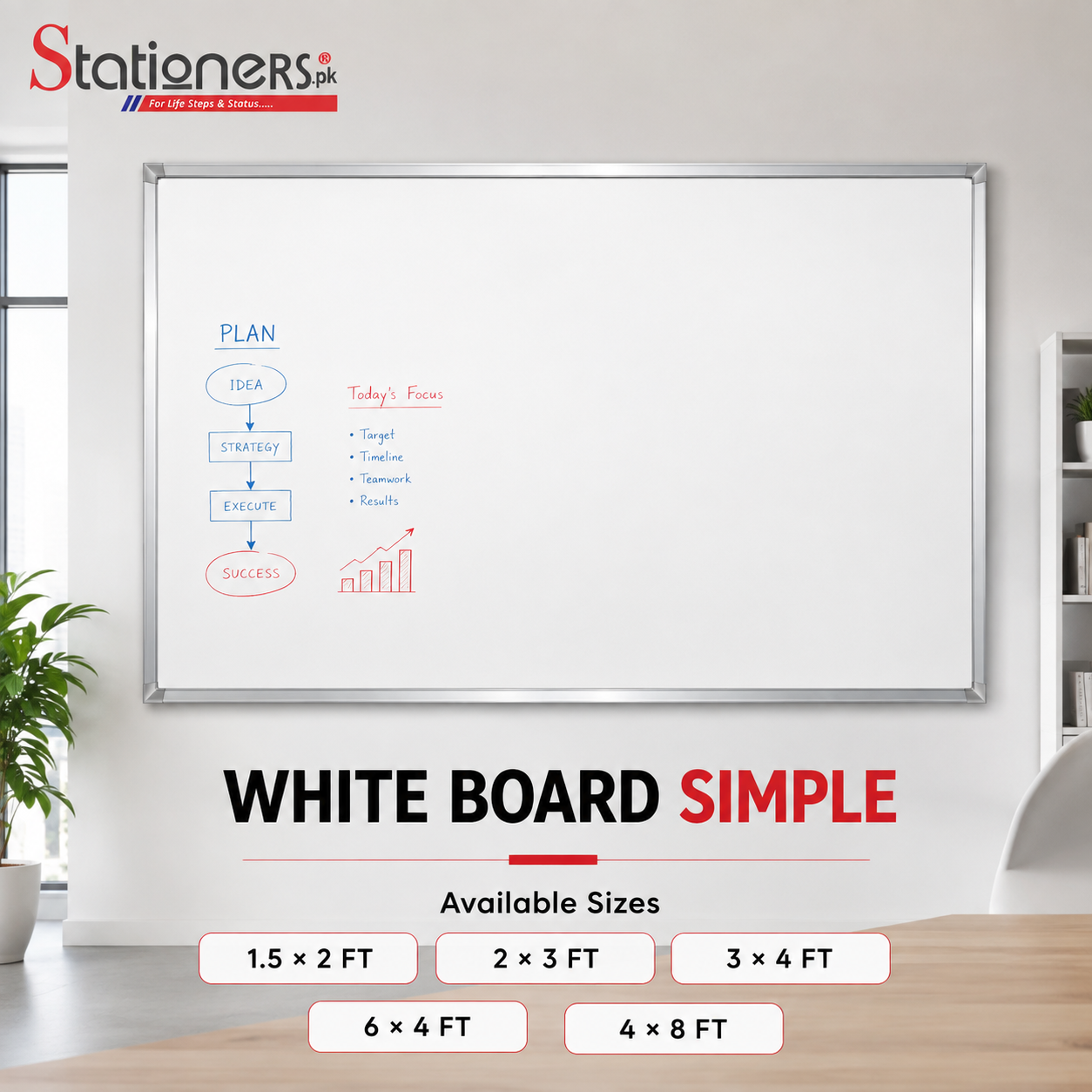 White Board with Silver Steel Frame – Available in 1.5×2 ft, 2×3 ft, 3×4 ft, 6×4 ft & 4×8 ft