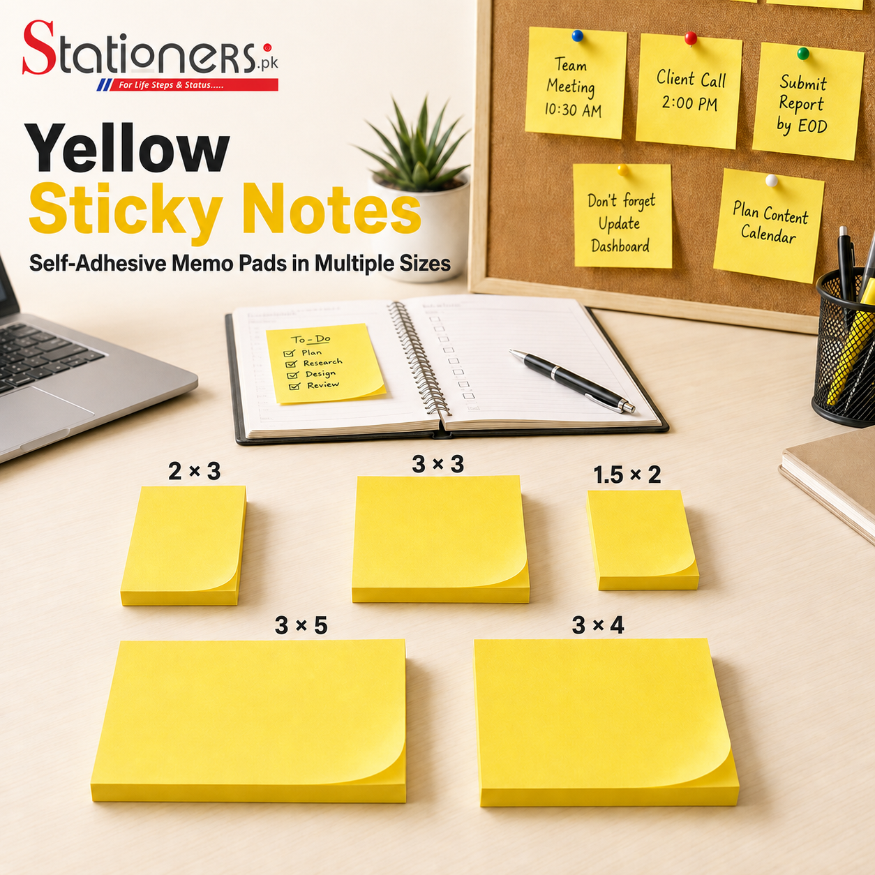 Yellow Sticky Notes – Self-Adhesive Memo Pads in Multiple Sizes