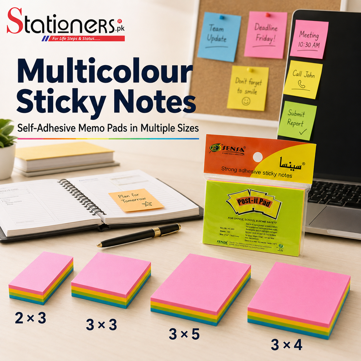 Multicolour Sticky Notes – Self-Adhesive Memo Pads in Multiple Sizes