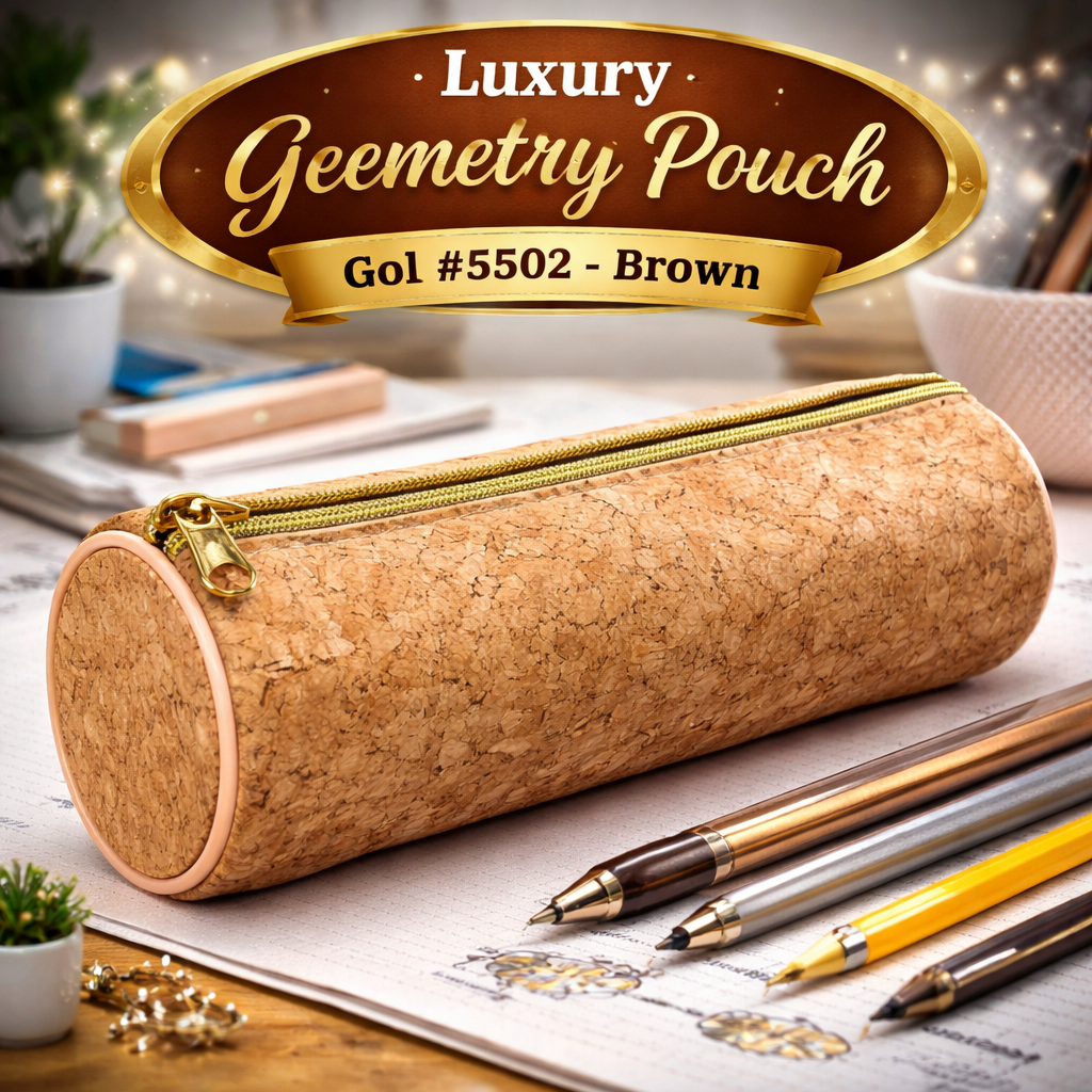 Luxury Geometry Pouch Gol #5502 – Brown | Premium Round Zipper Pencil Case