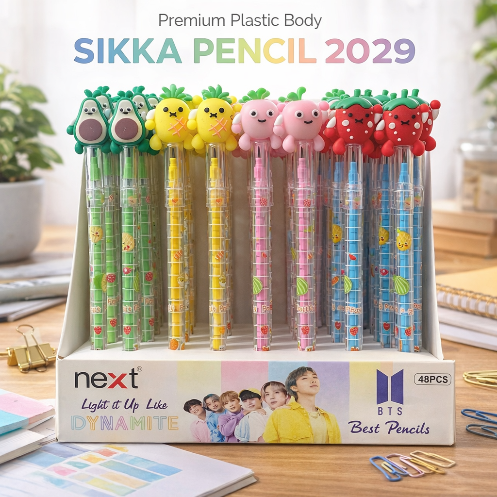 Premium Plastic Body Sikka Pencil 2029 – Cute Cartoon Topper Pencil for Kids 1pc
