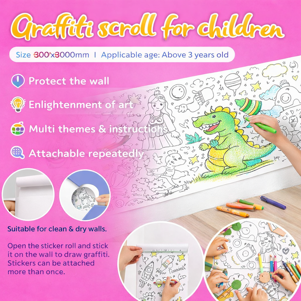 Craffiti Scroll for Children 300x3000mm Wall Sticker Drawing Roll | Reusable Graffiti Coloring Wall Paper for Kids (3+ Years)