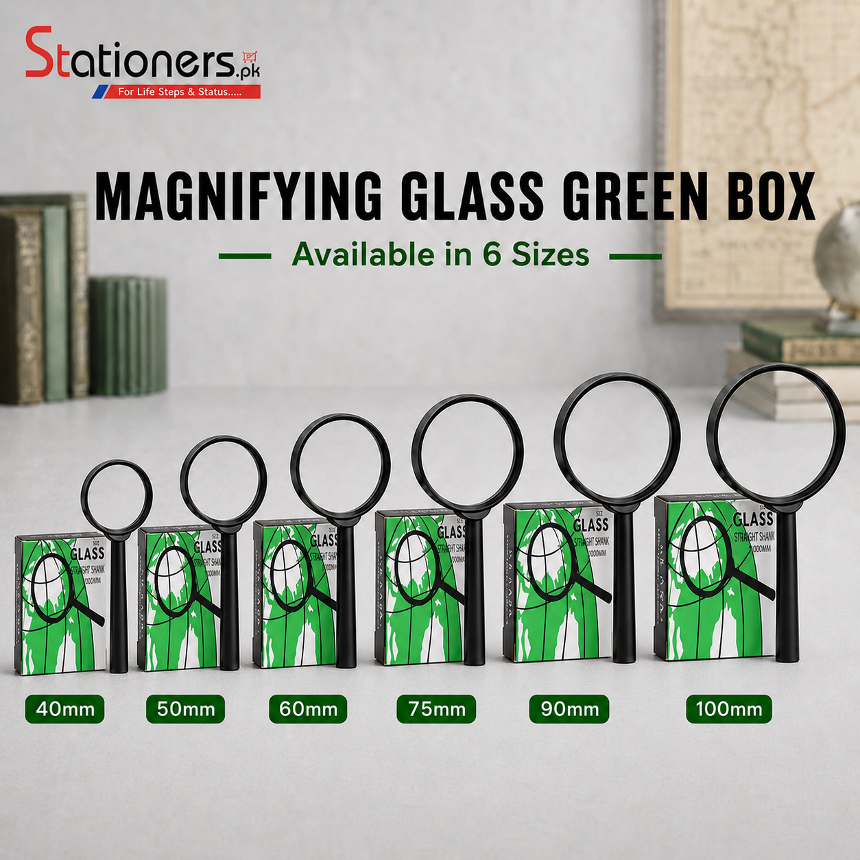 Magnifying Glass with Green Box – Black | 40mm to 100mm