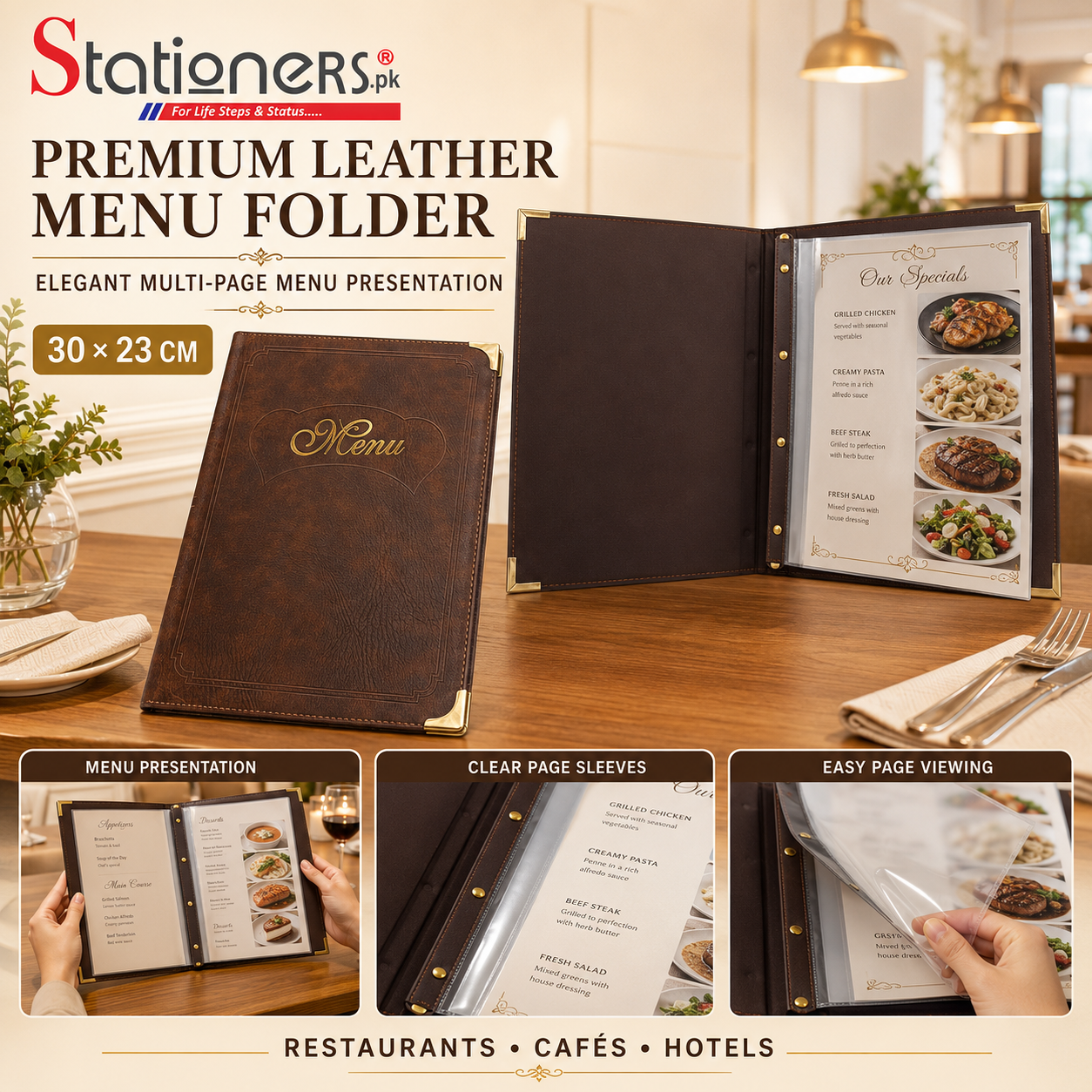 Premium Leather Restaurant Menu Folder with Clear Sleeves – 30 × 23cm