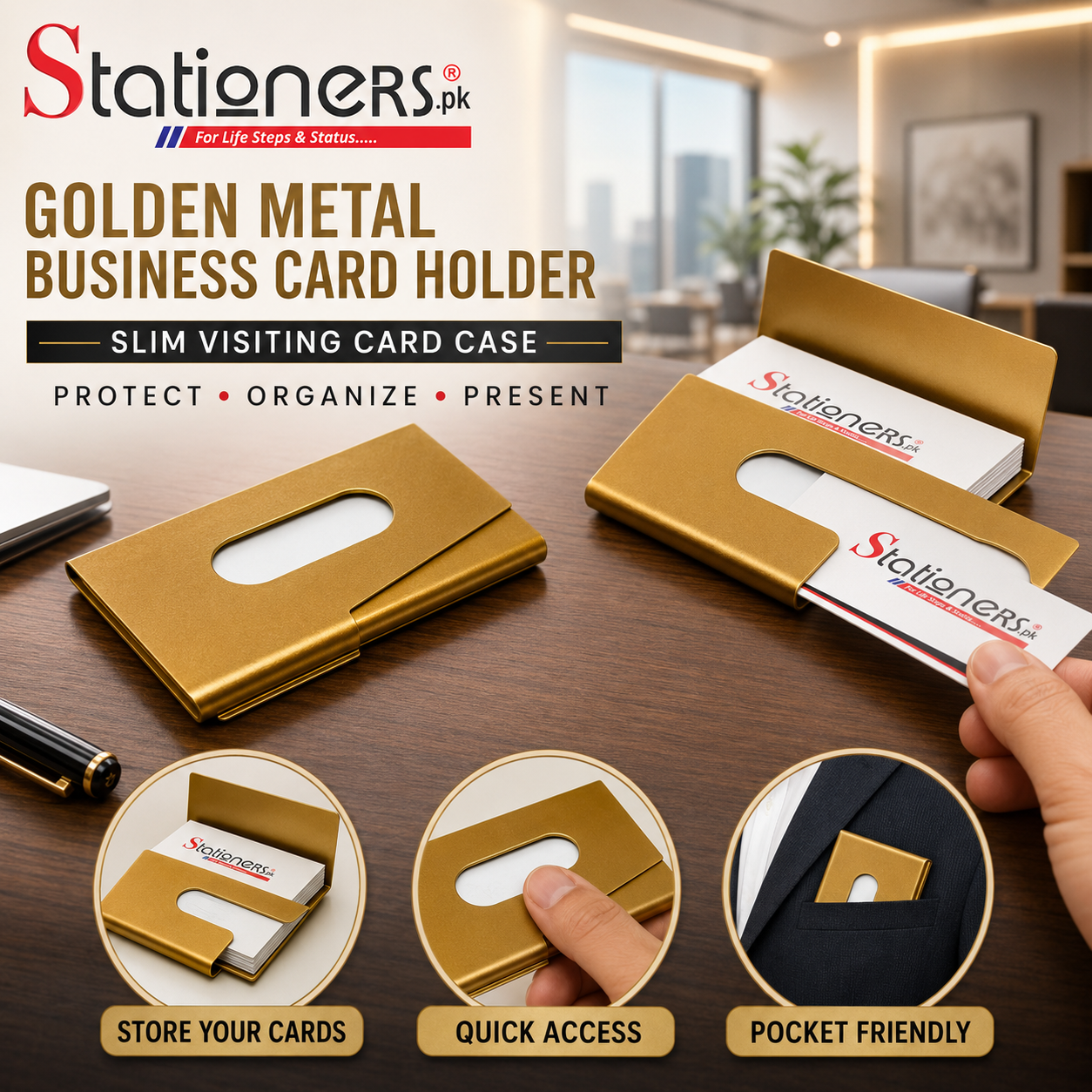 Golden Metal Business Card Holder – Slim Visiting Card Case