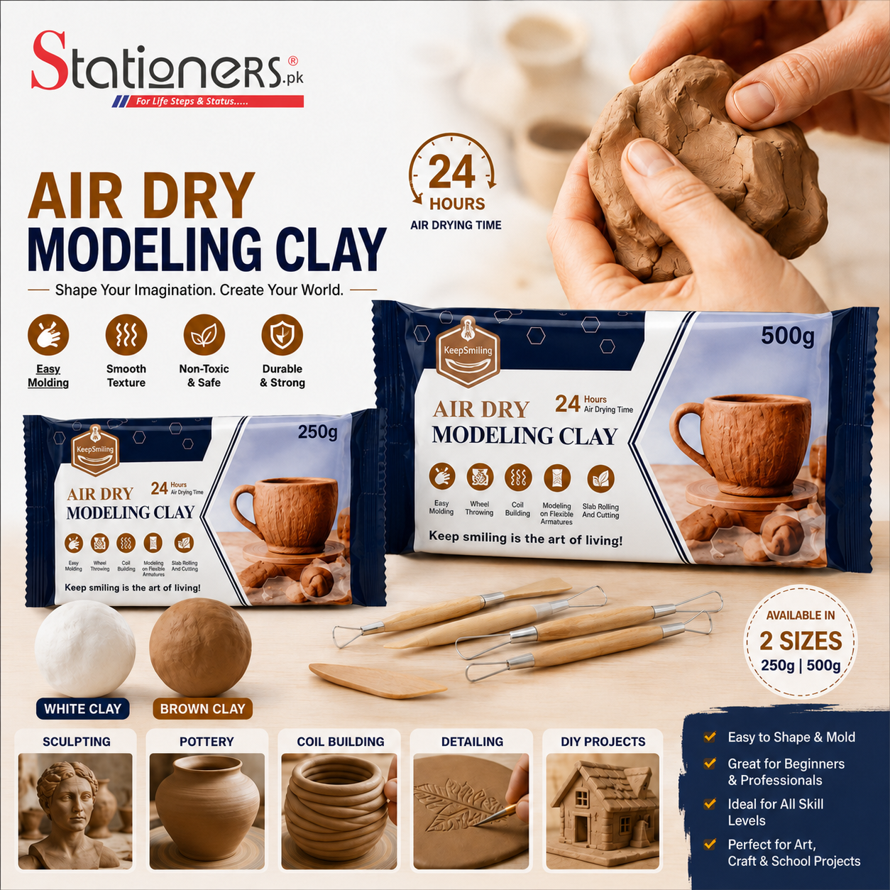Keep Smiling Air Dry Modeling Clay – White & Brown | 250g & 500g