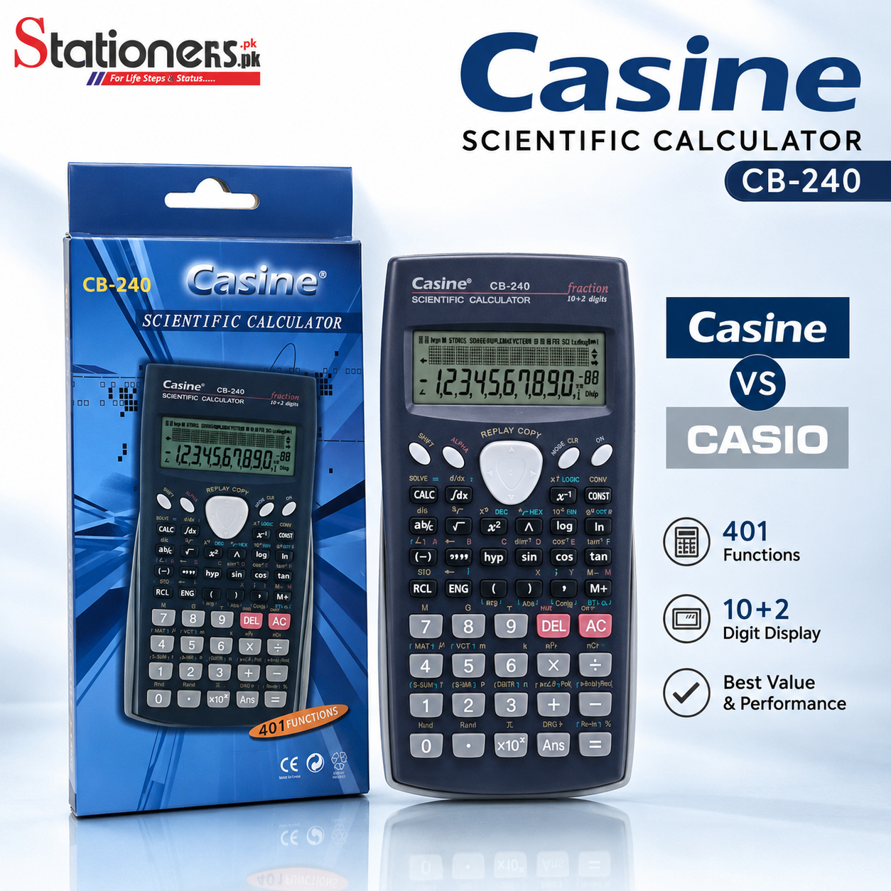 Casine CB-240 Scientific Calculator | 401 Functions | Fraction Display | 10+2 Digit