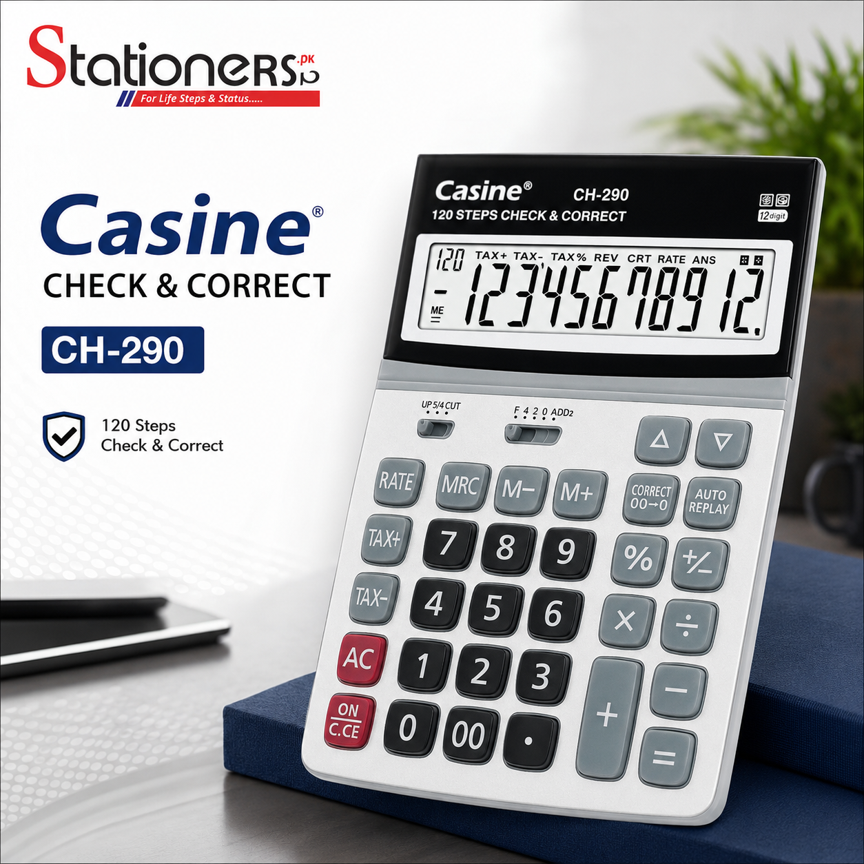 Casine Check & Correct Calculator CH-290 | 12-Digit Desktop Calculator | 120 Steps Auto Replay | Tax Calculation