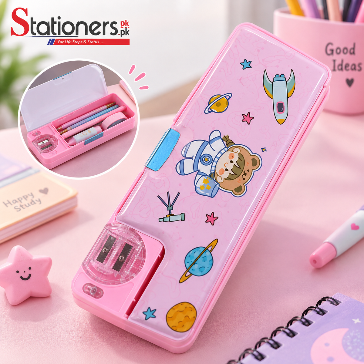 Cute Space Astronaut Pencil Box with Built-in Sharpener – Pink