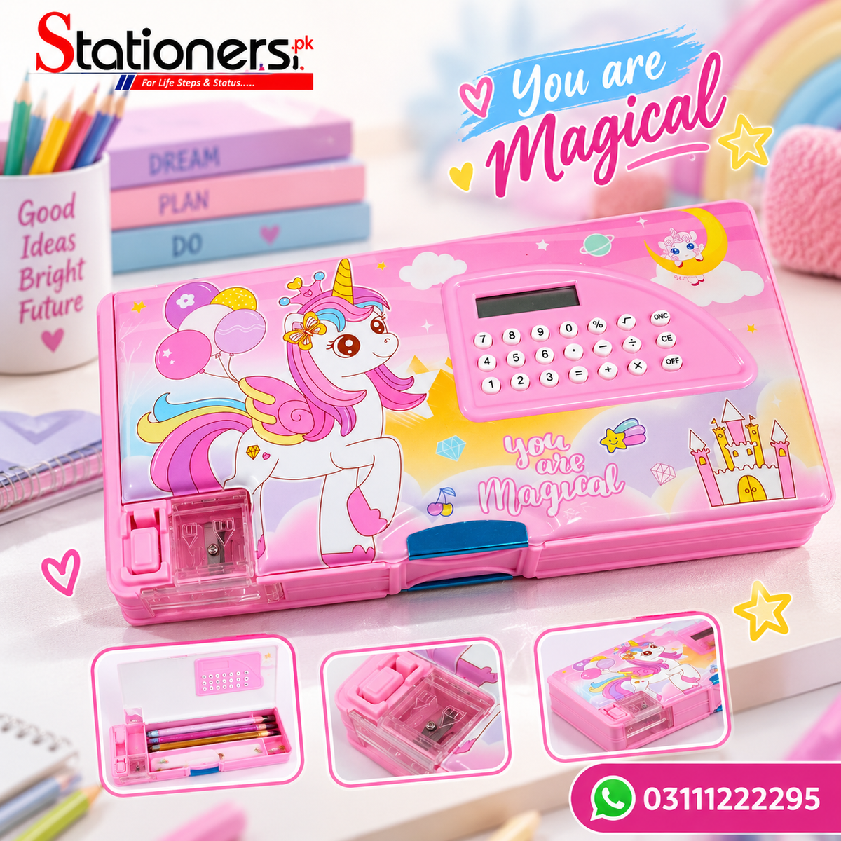 Kids Unicorn & Superhero 2-in-1 Pencil Box with Calculator & Sharpener