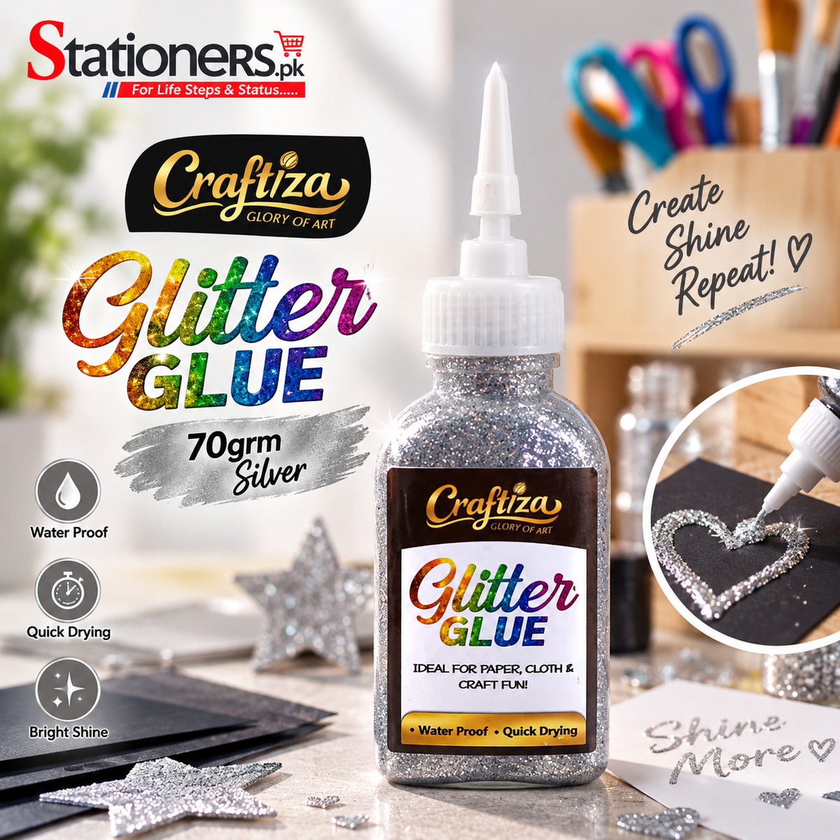CRAFTIZA Glitter Glue 70gram – Golden, Silver, Light Golden, Pink, Purple, Green, Brown & Red