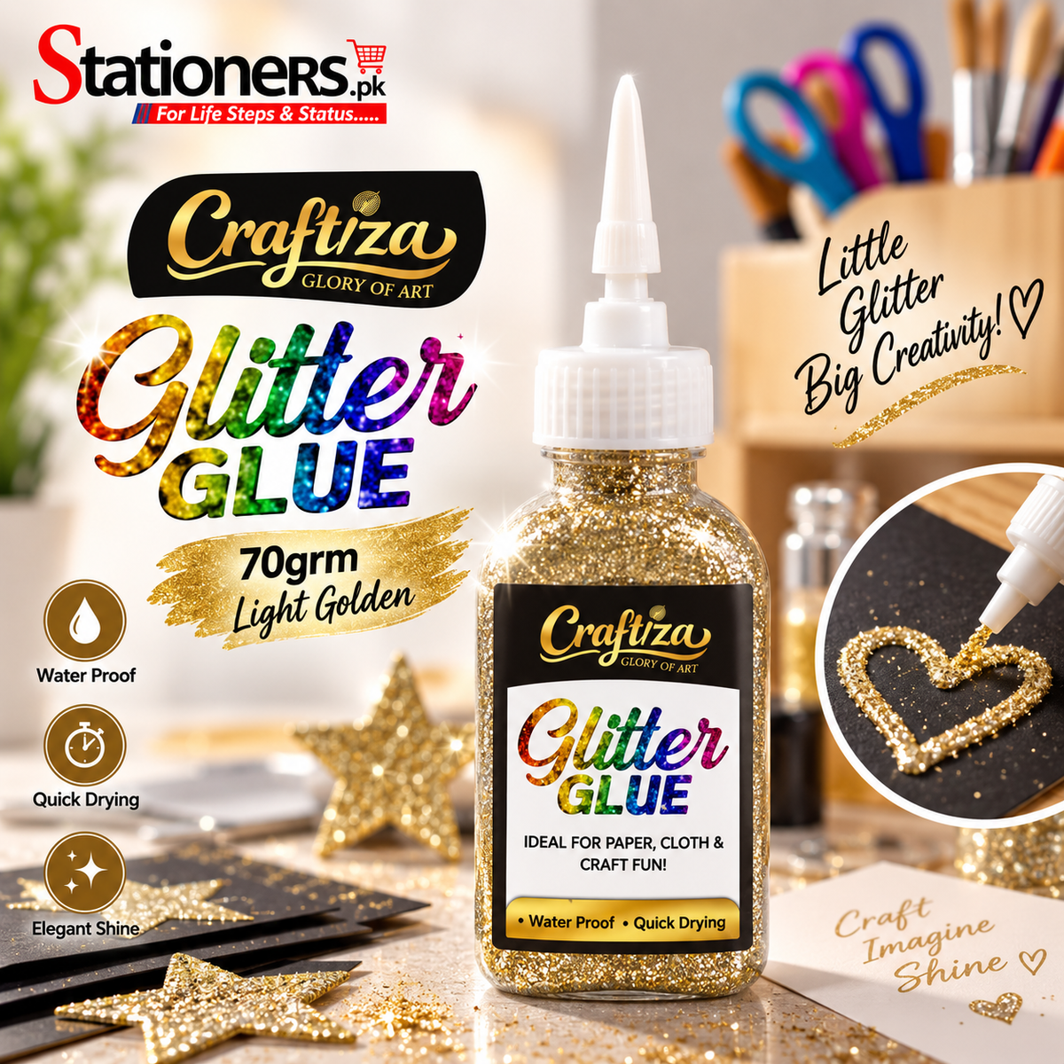 CRAFTIZA Glitter Glue 70gram – Golden, Silver, Light Golden, Pink, Purple, Green, Brown & Red