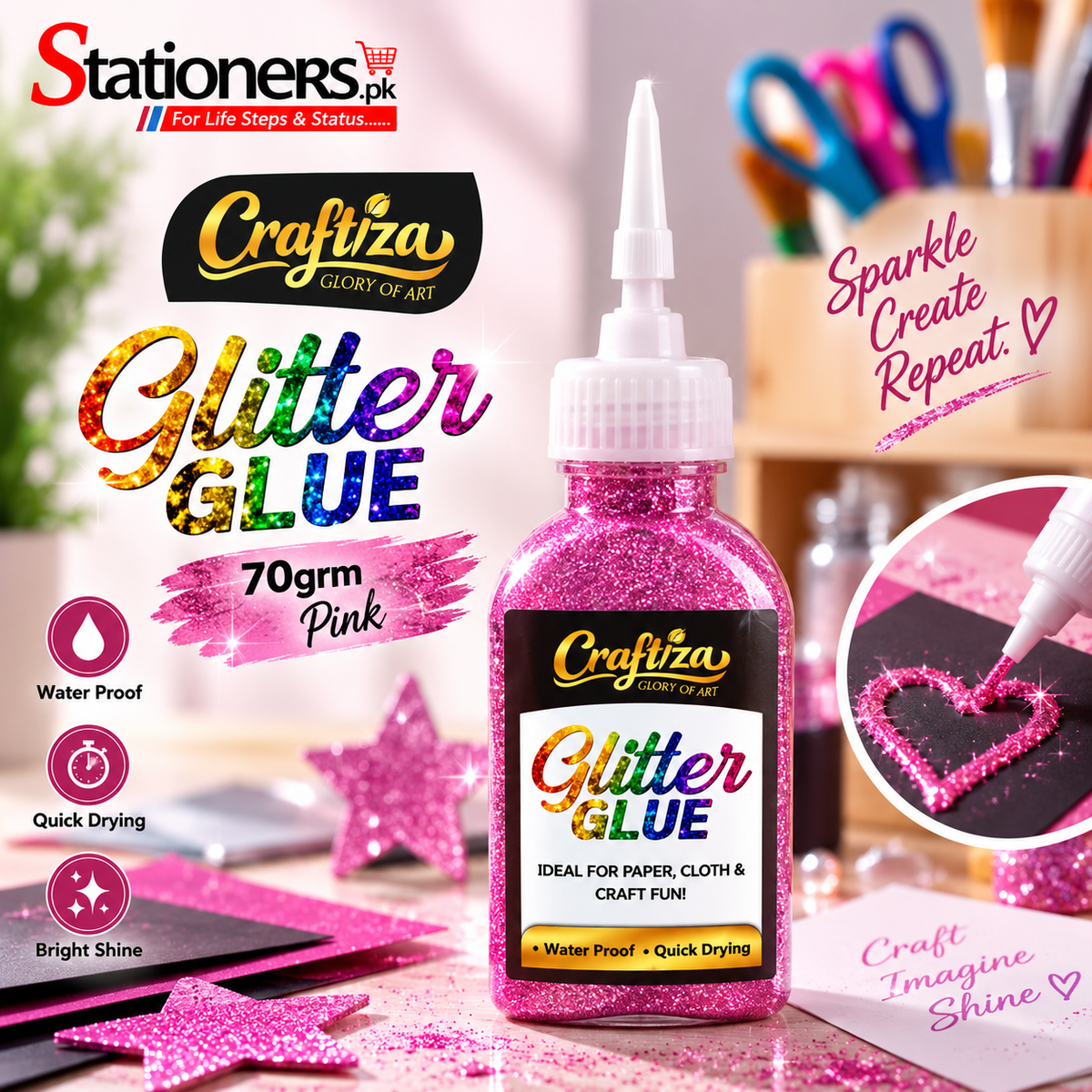 CRAFTIZA Glitter Glue 70gram – Golden, Silver, Light Golden, Pink, Purple, Green, Brown & Red