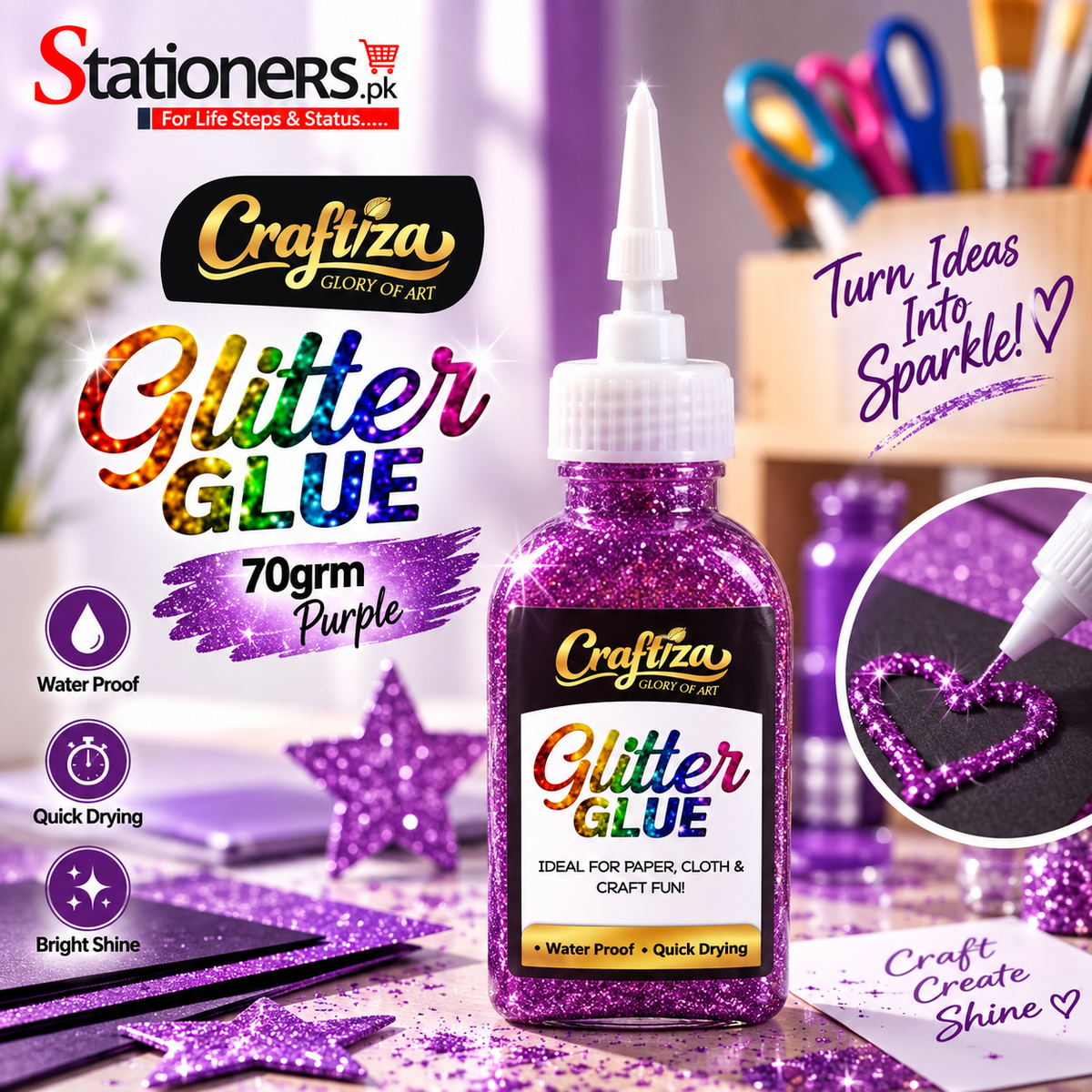 CRAFTIZA Glitter Glue 70gram – Golden, Silver, Light Golden, Pink, Purple, Green, Brown & Red