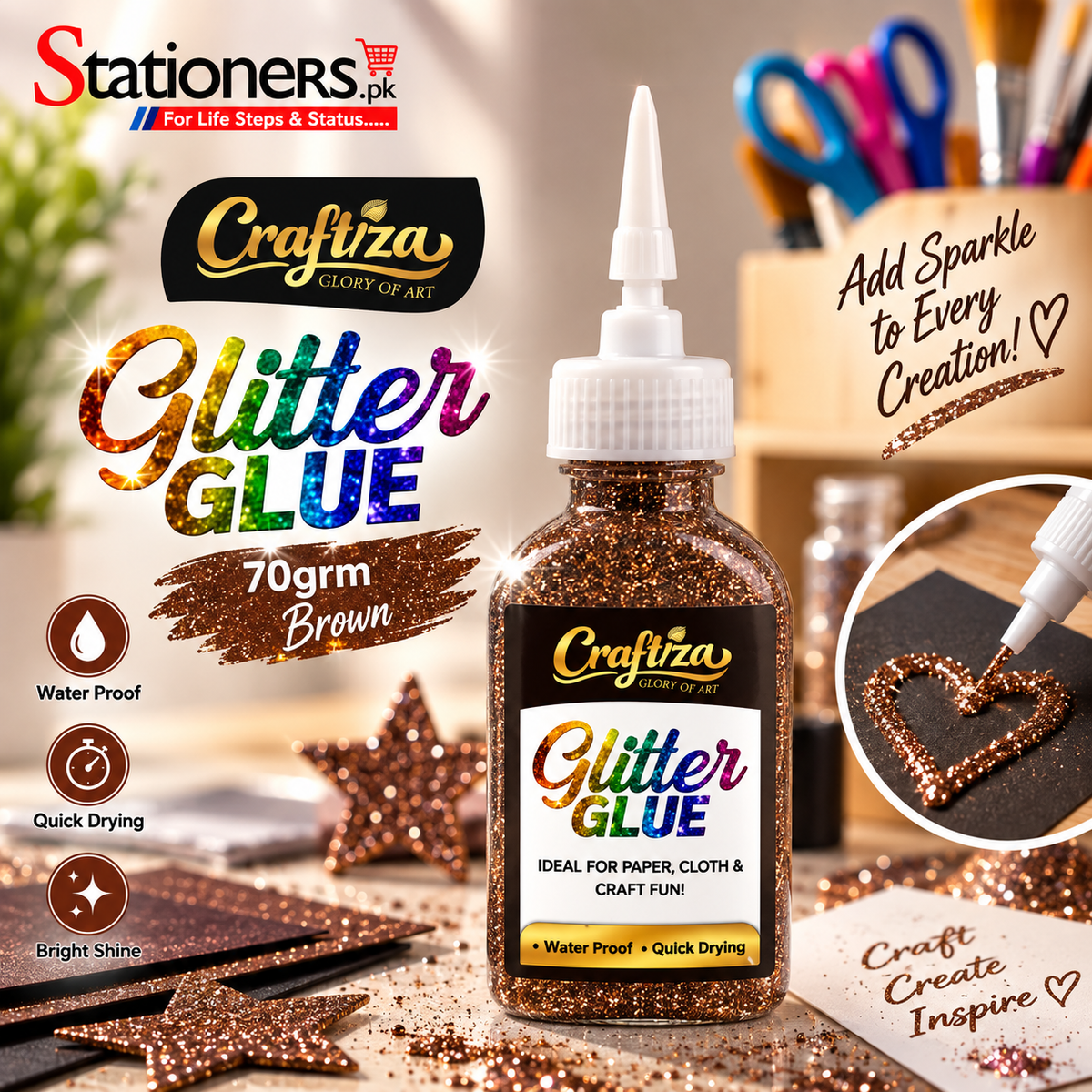 CRAFTIZA Glitter Glue 70gram – Golden, Silver, Light Golden, Pink, Purple, Green, Brown & Red