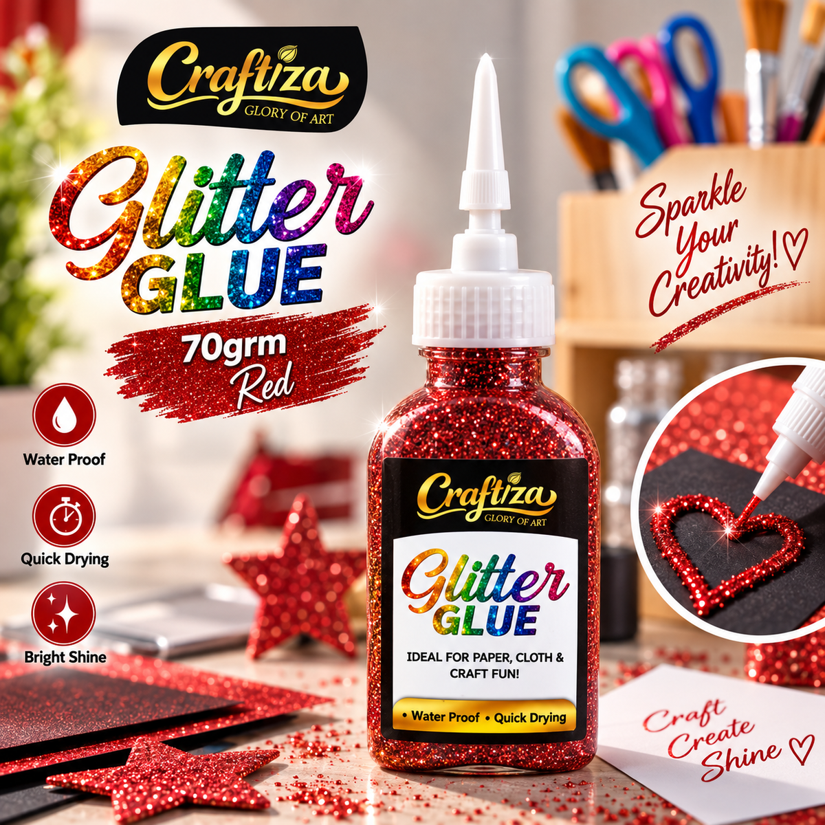 CRAFTIZA Glitter Glue 70gram – Golden, Silver, Light Golden, Pink, Purple, Green, Brown & Red