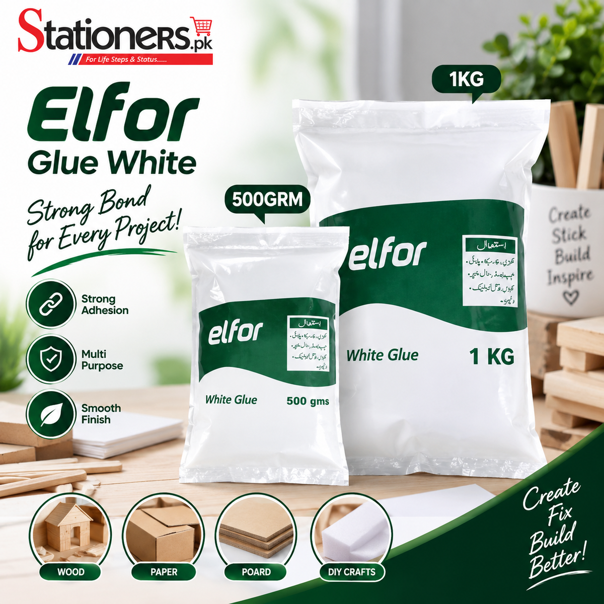 Elfor White Glue 500g & 1kg – Multipurpose White Adhesive