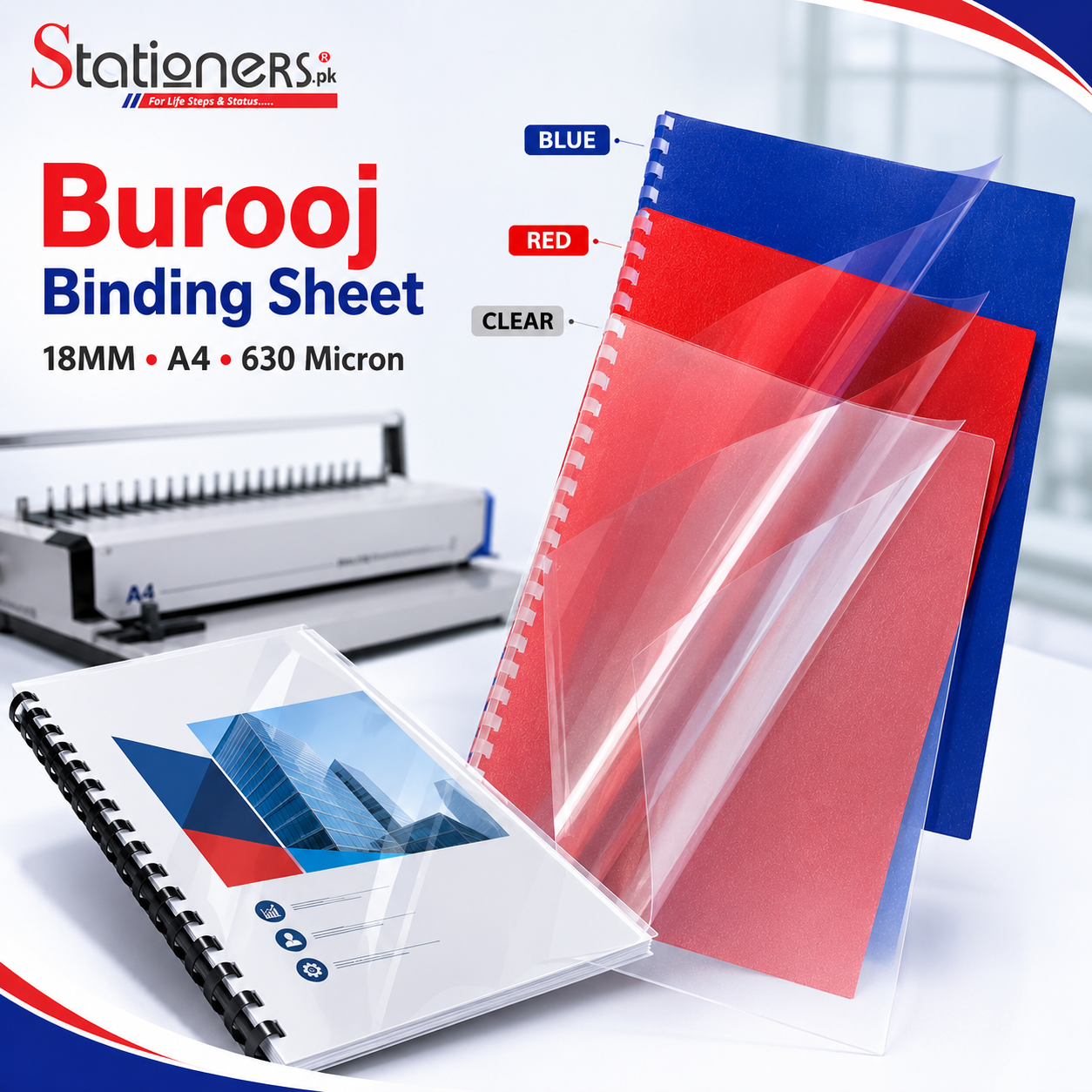 Burooj Binding Sheet 18MM A4 – 630 Micron | Blue, Red & Clear