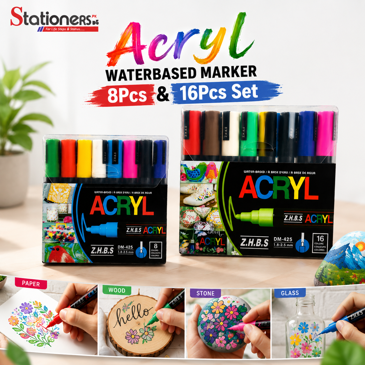 Acryl Waterbased Marker Set – 8 Pcs & 16 Pcs | Multi-Surface Acrylic Paint Markers