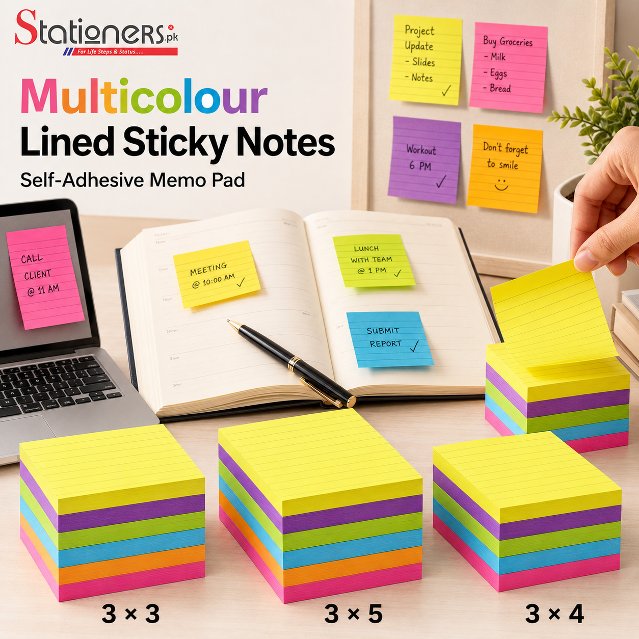 Multicolour Lined Sticky Notes – Self-Adhesive Memo Pad