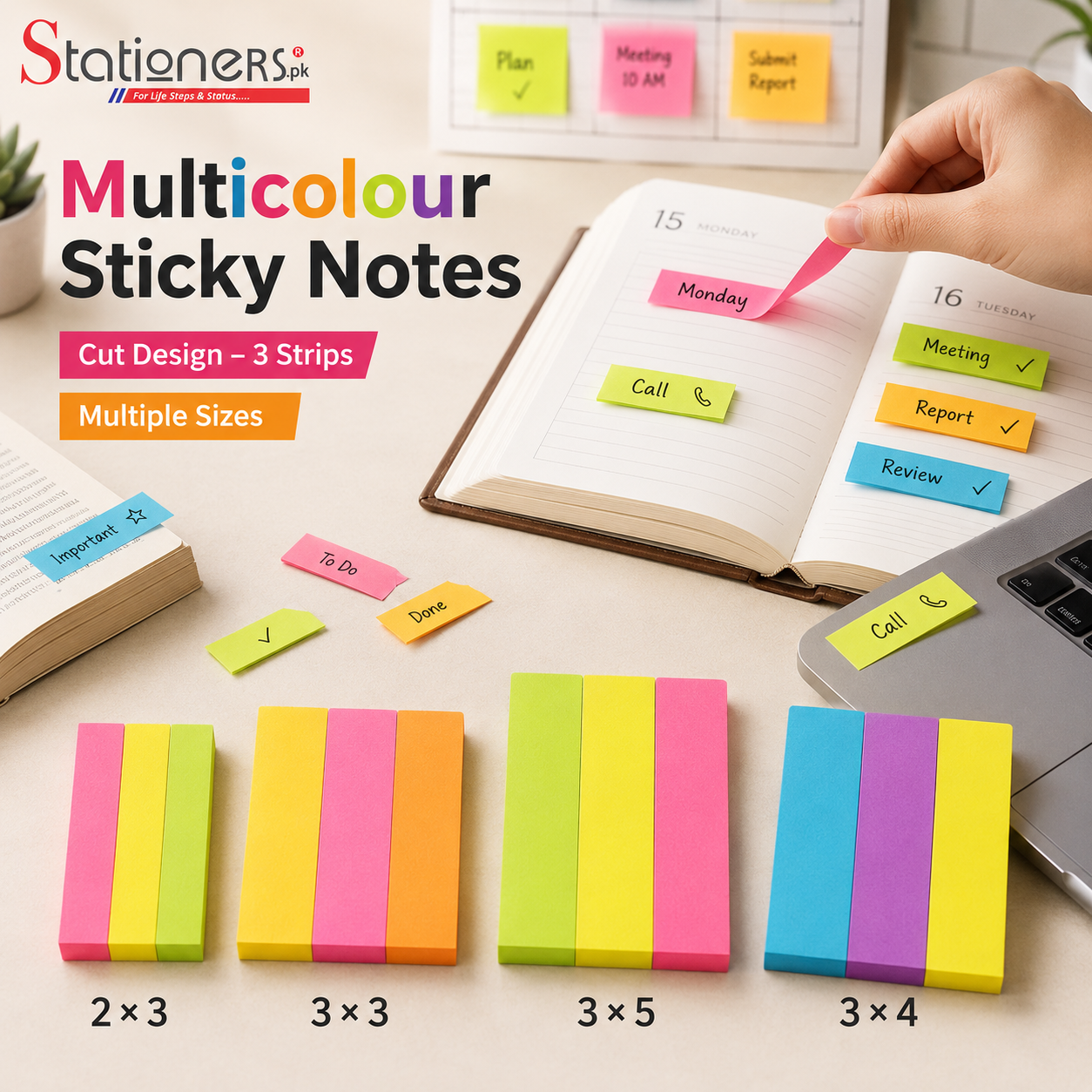 Multicolour Sticky Notes with Cut Design – 3 Strips Multiple Sizes