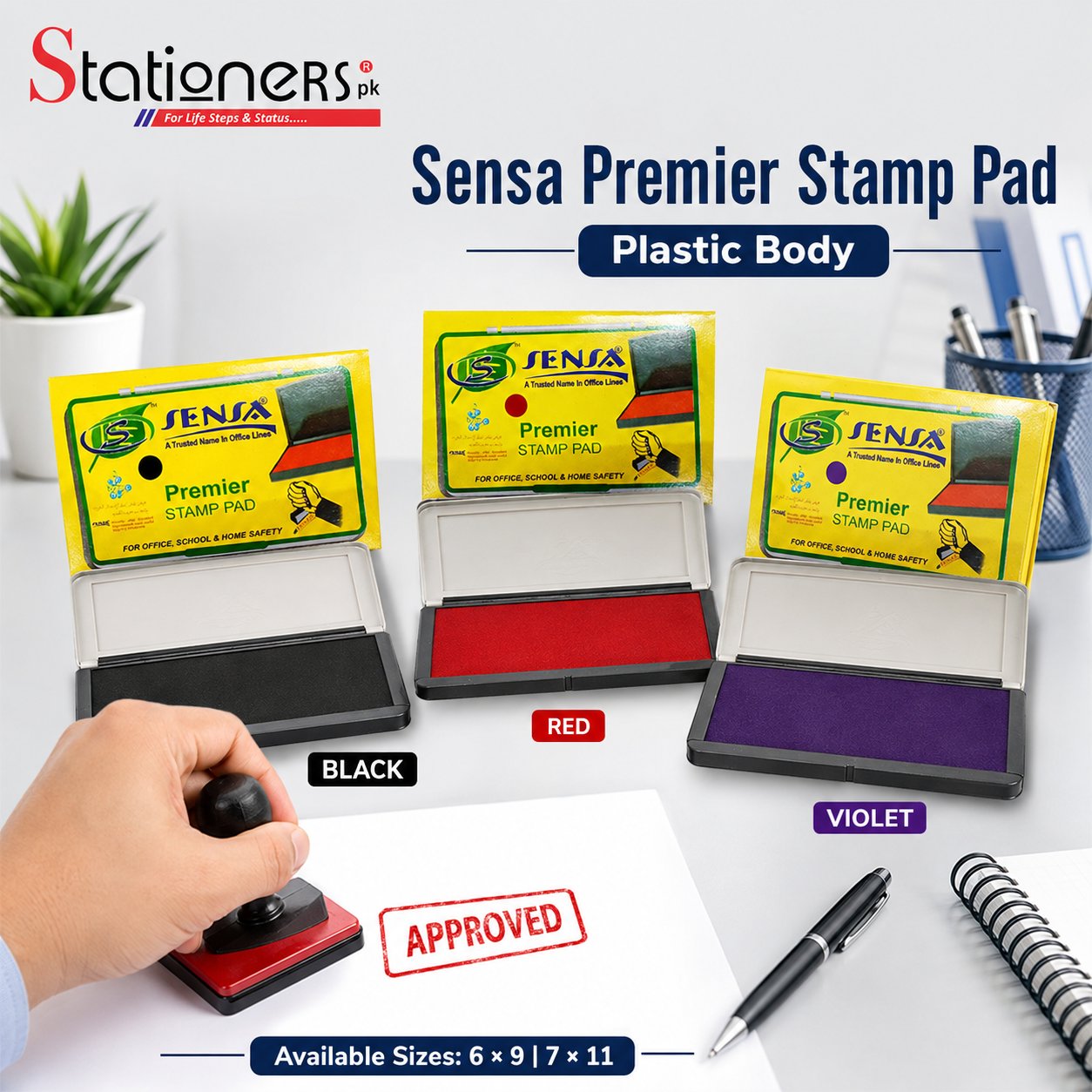 Sensa Premier Stamp Pad Plastic Body – Black, Red & Violet | Sizes 6×9 & 7×11