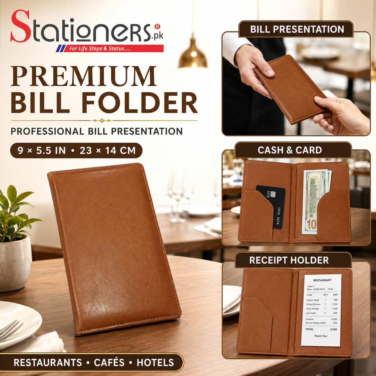 Premium Leather Restaurant Bill Folder – 23 × 14cm