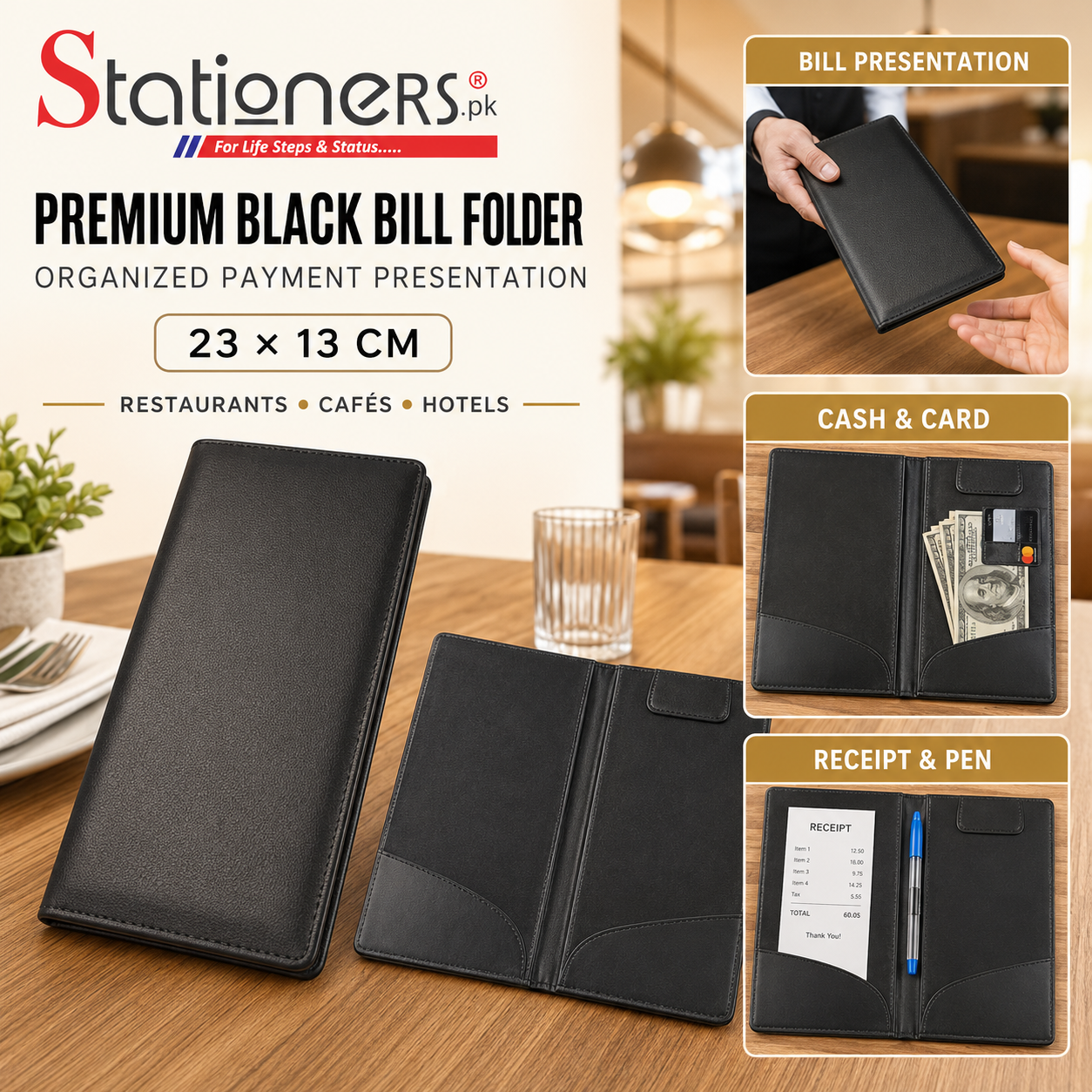 Premium Black Leather Bill Folder with Card, Cash & Pen Holder – 23 × 13cm