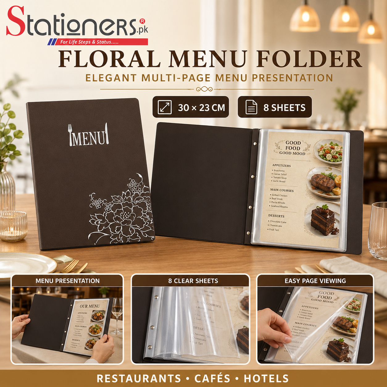 Floral Restaurant Menu Folder with 8 Clear Sheets – 30 × 23cm