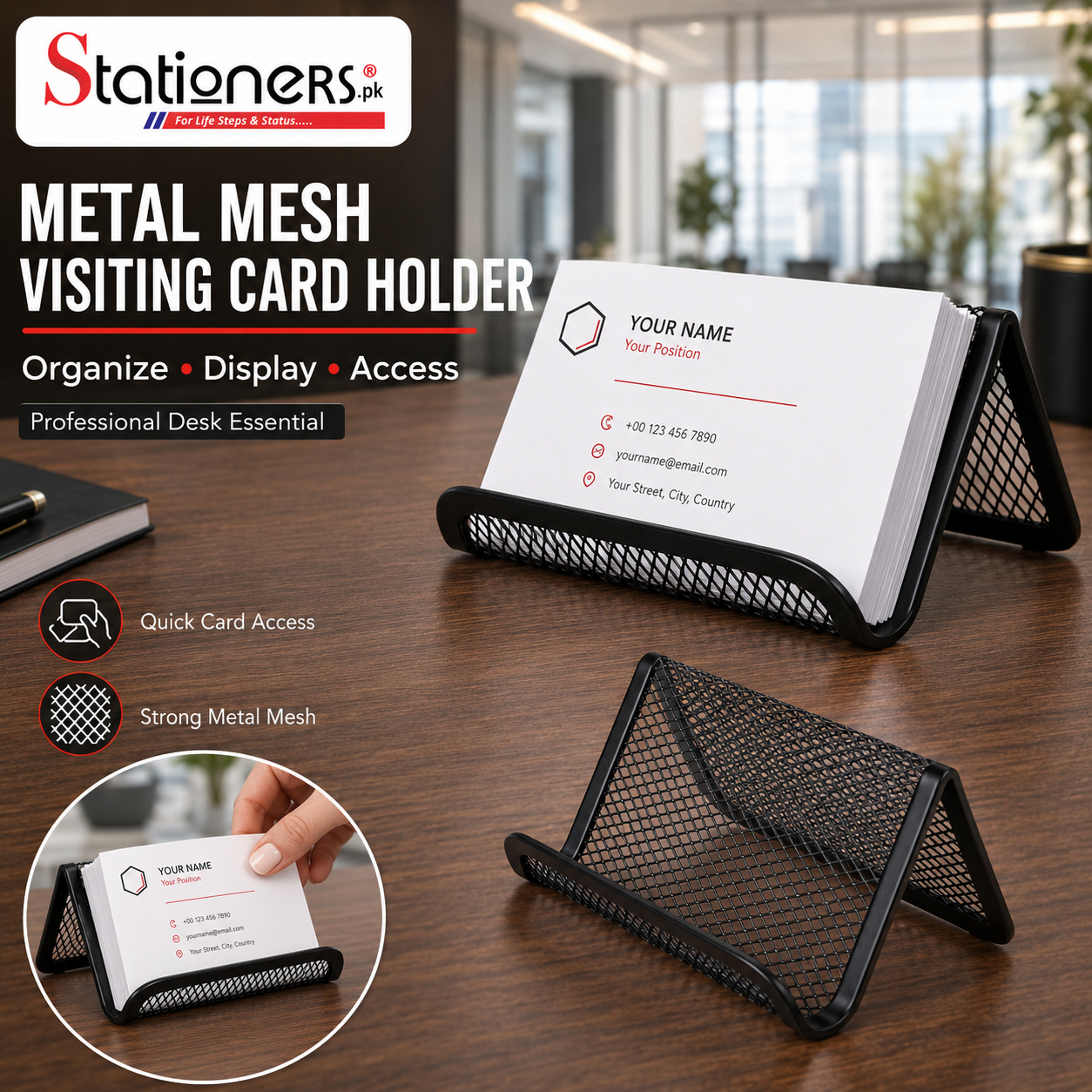 Metal Mesh Visiting Card Holder – Black Desk Card Stand