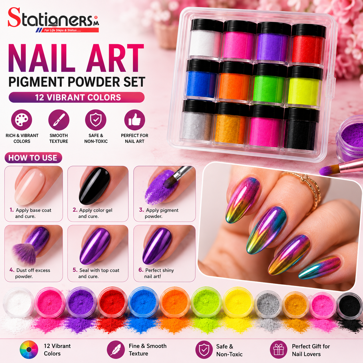 12 Pcs Nail Art Pigment Powder Kit | Multicolor Nail Powder Set for Acrylic Nails, Gel Nails & Creative Nail Design