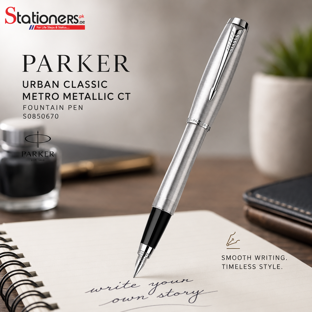 Parker Urban Classic Metro Metallic CT Fountain Pen S0850670 | Premium Stainless Steel Luxury Writing Pen