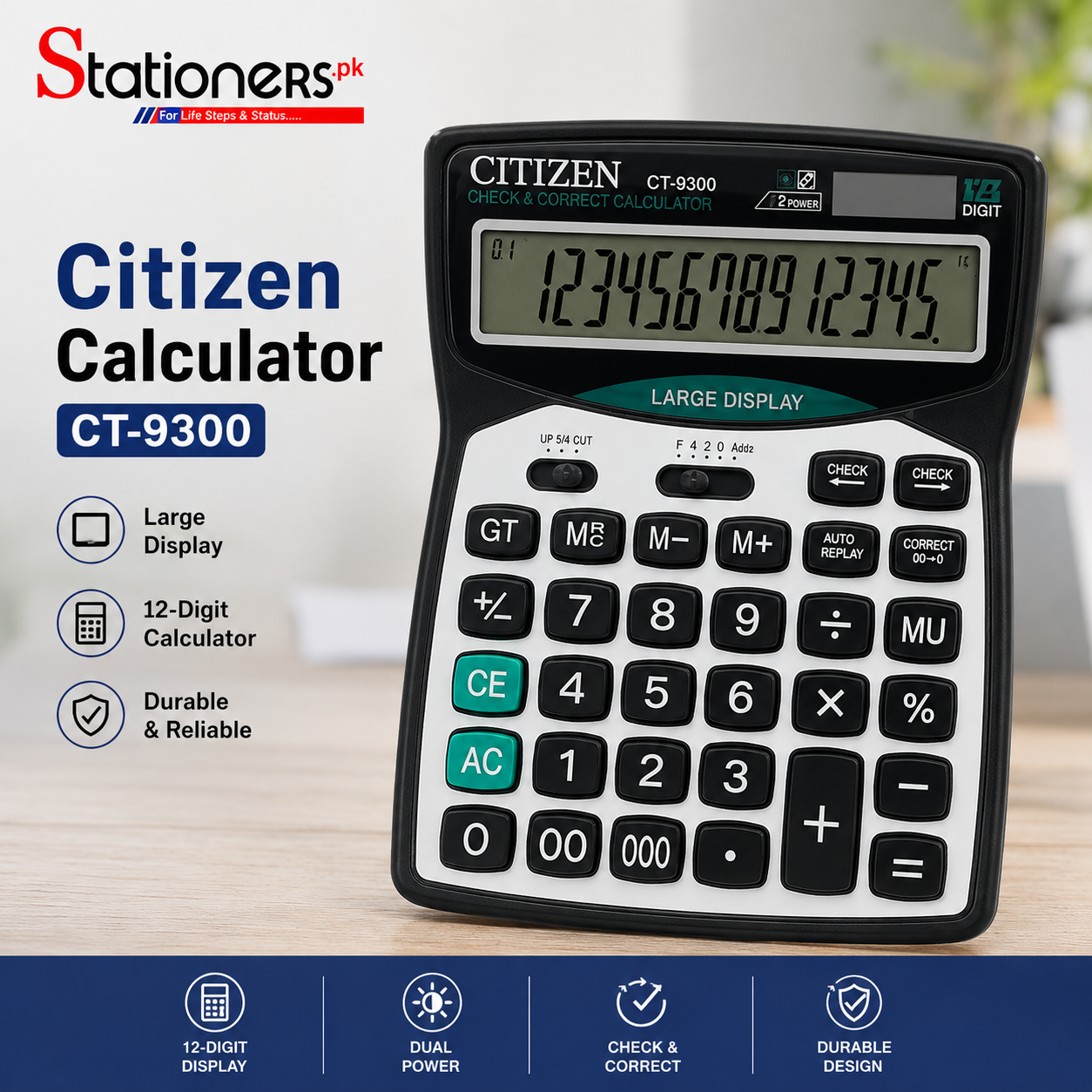 Citizen Calculator CT-9300 | 14-Digit Desktop Calculator | Dual Power (Solar + Battery) | Large Display