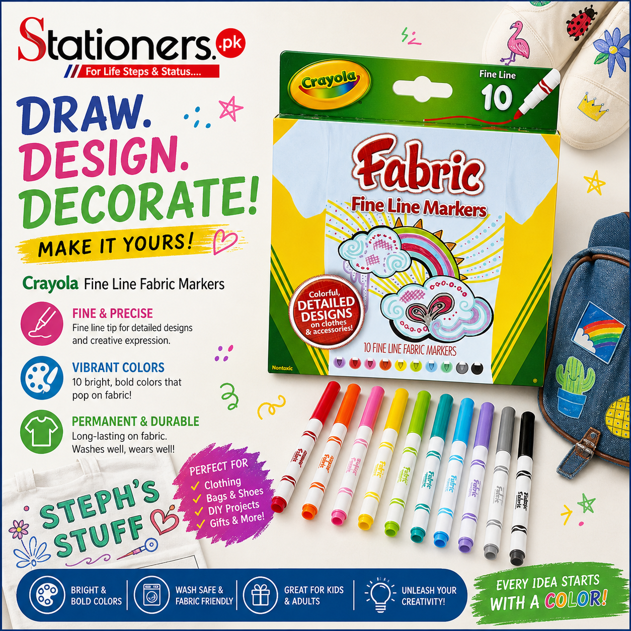 Crayola Fine Line Fabric Markers Set Of 10 588626