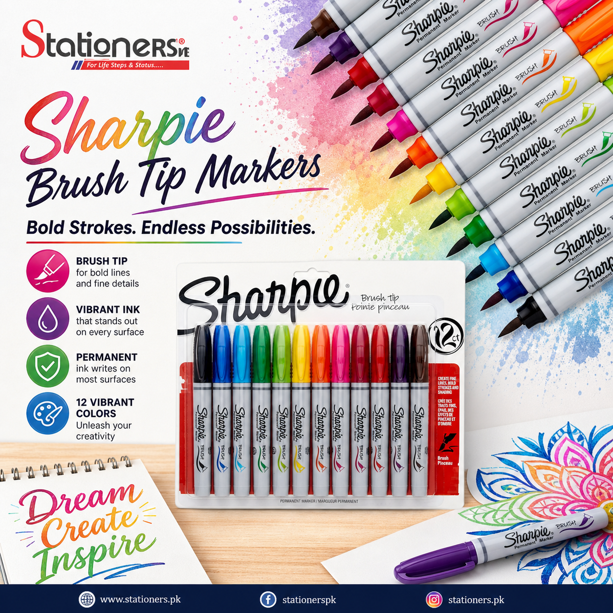 Sharpie Brush Tip Permanent Markers Pack of 12 (1810704)
