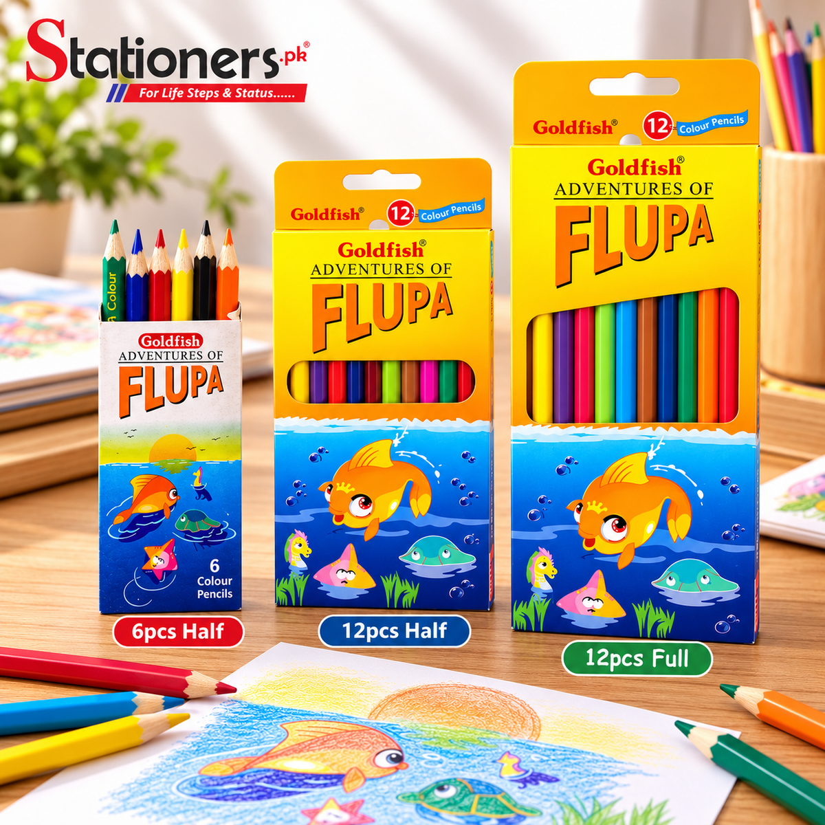 Goldfish Flupa Colour Pencils – 6pcs Half, 12pcs Half & 12pcs Full